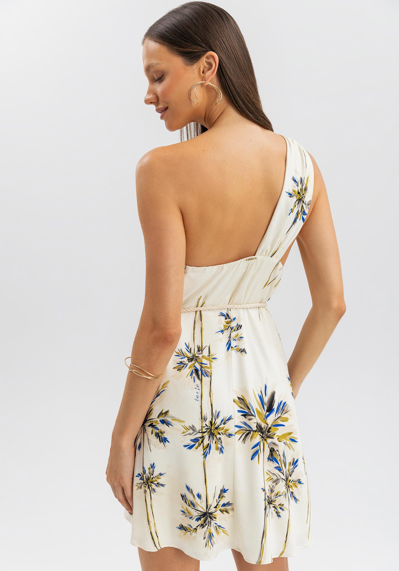 Vestido Curto De Um Ombro S&oacute; Estampado Com Cinto, , large.