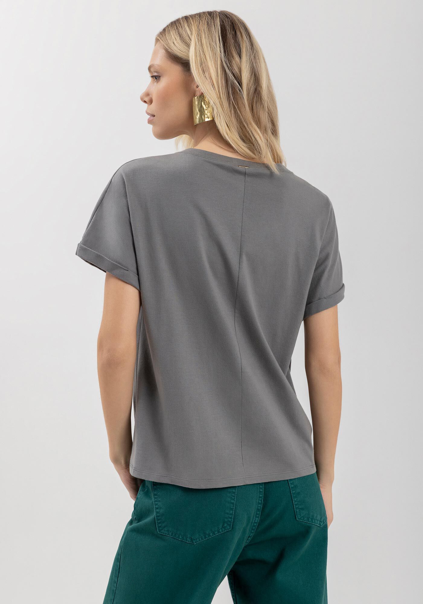 Blusa Com Estampa Frontal E Mangas Dobradas Em Malha Prime, , large.