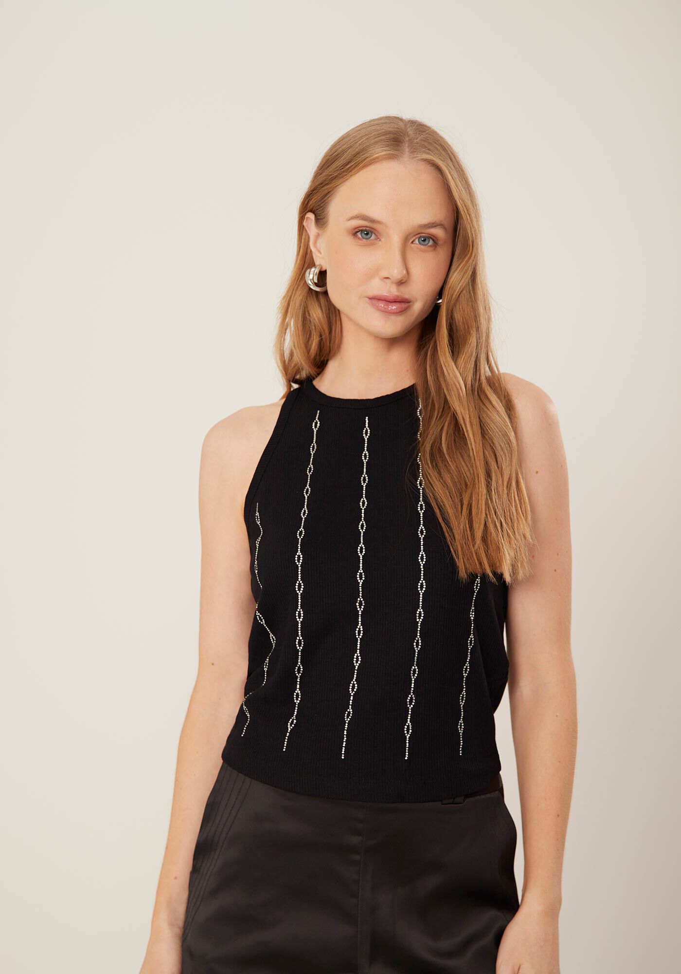 Regata Canelada Halter Neck com Strass, , large.