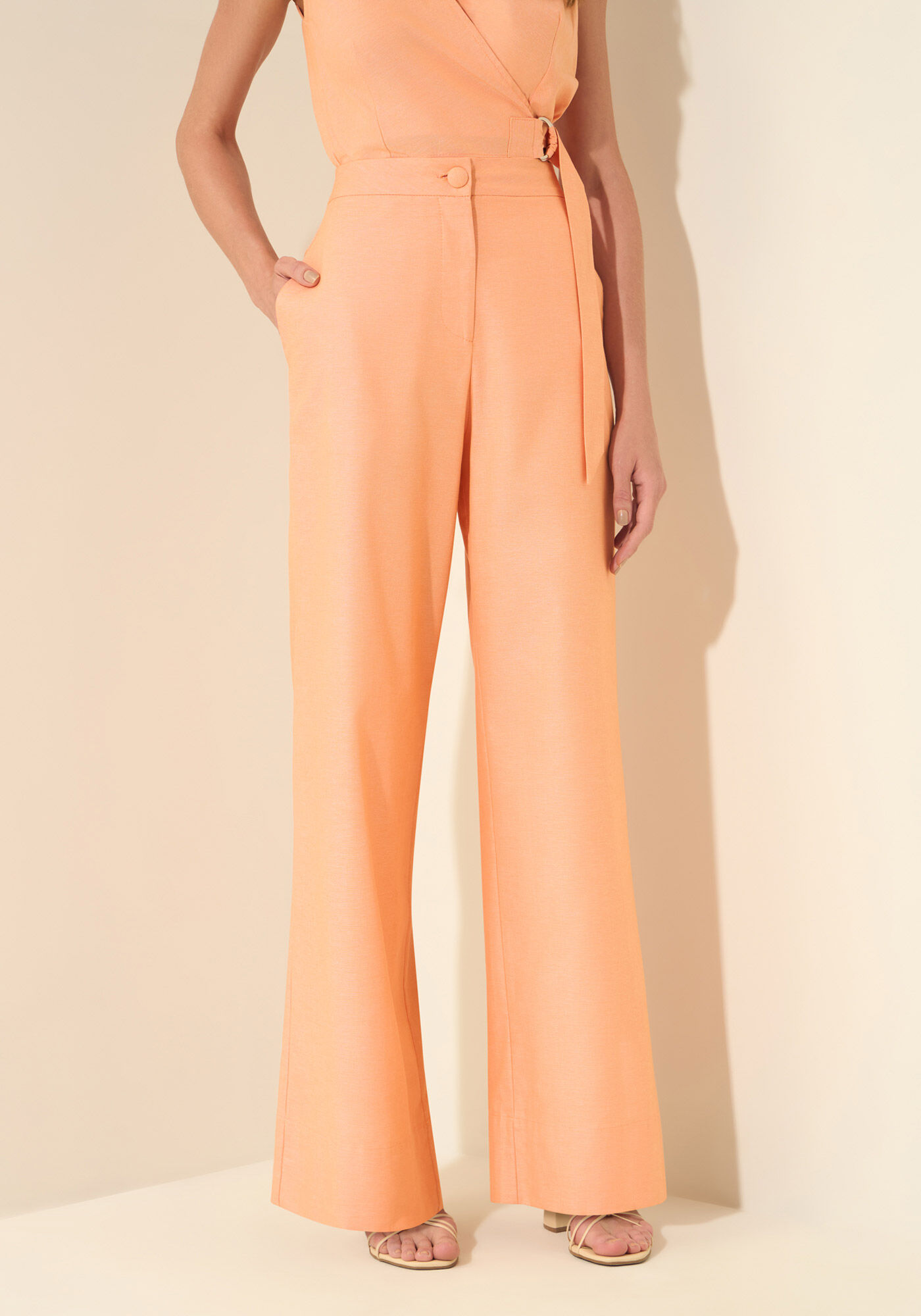 Cal&ccedil;a Reta De Cintura Alta Em Alfaiataria De Algod&atilde;o, LARANJA SUMMERTIME, large.