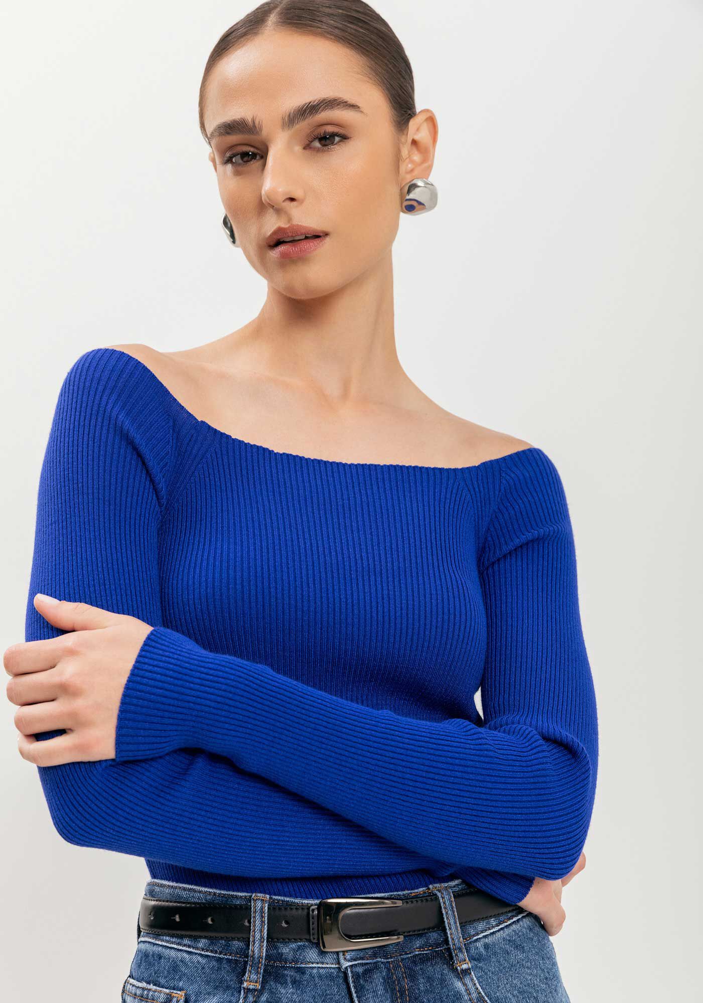 Blusa Ombro A Ombro De Mangas Longas Em Tric&ocirc;, , large.