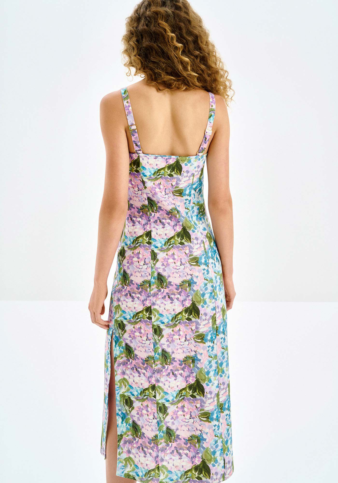 Vestido Midi em Linho Estampado com Decote Reto, HORTENCIAS, large.