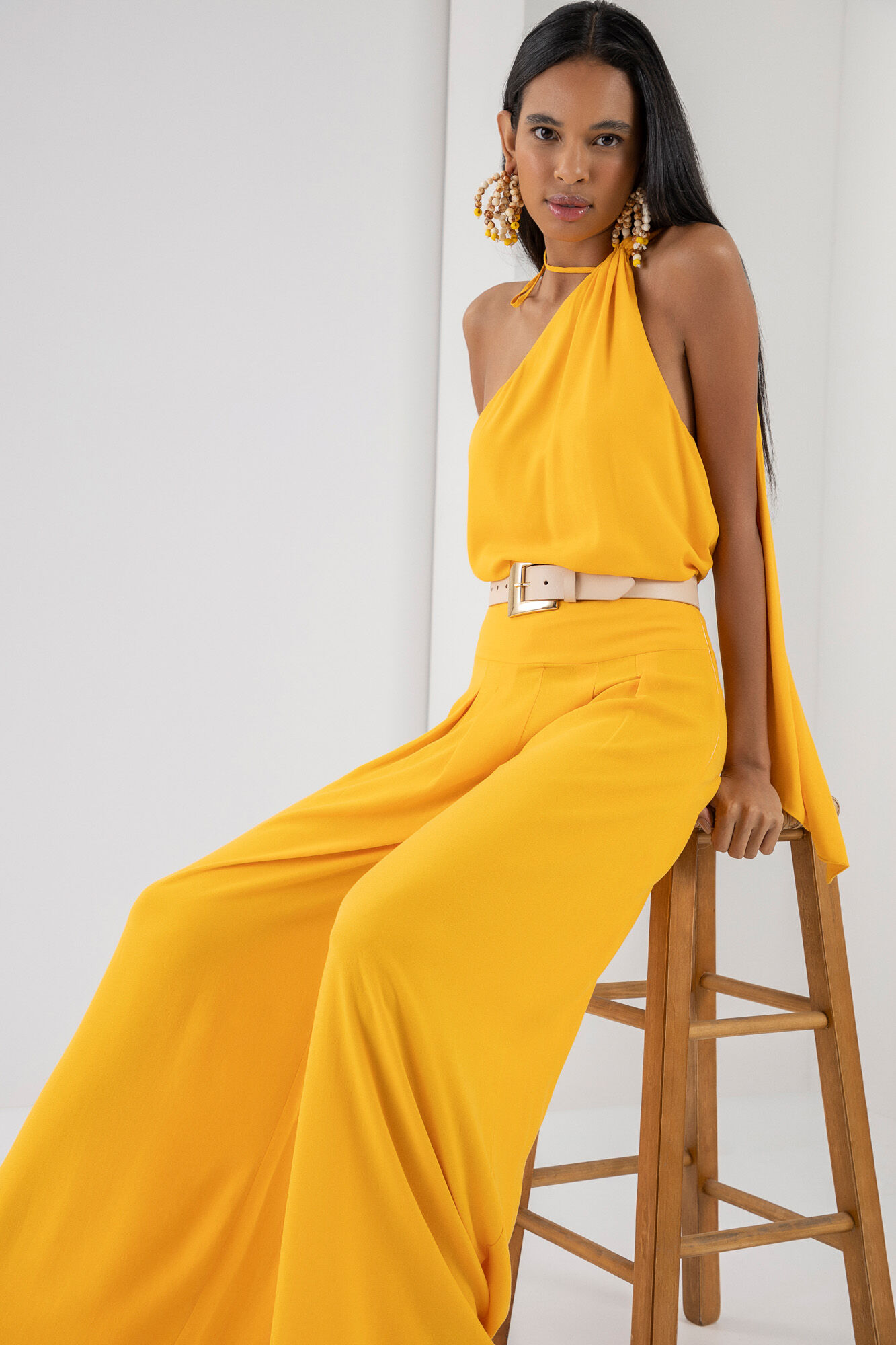 Cal&ccedil;a M&aacute;xi Pantalona em Crepe com Pregas, , large.