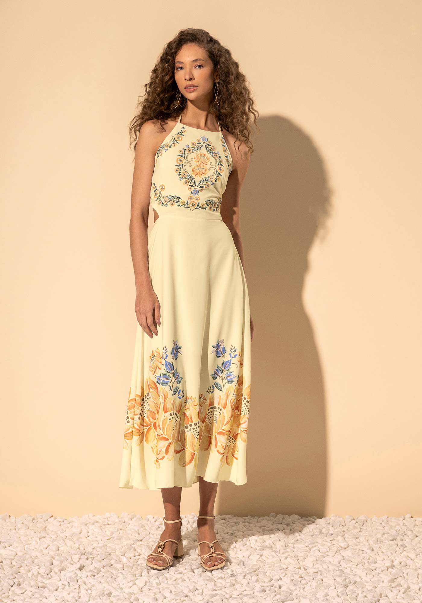 Vestido Ch&aacute; Estampado Frente &Uacute;nica Com Recortes, BEGE ALHAMBRA, large.