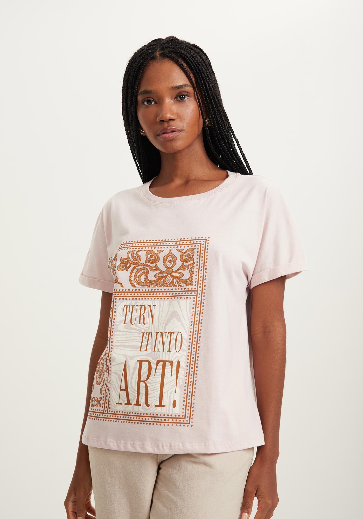 Blusa Com Estampa Frontal E Mangas Dobradas Em Malha Prime, ROSA SIRTAKI, large.