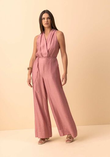 Macacão Longo Com Decote Em V E Cinto Em Tecido Texturizado, ROSA SALOME. Macacão Longo Com Decote Em V E Cinto Em Tecido Texturizado, ROSA SALOME, large.