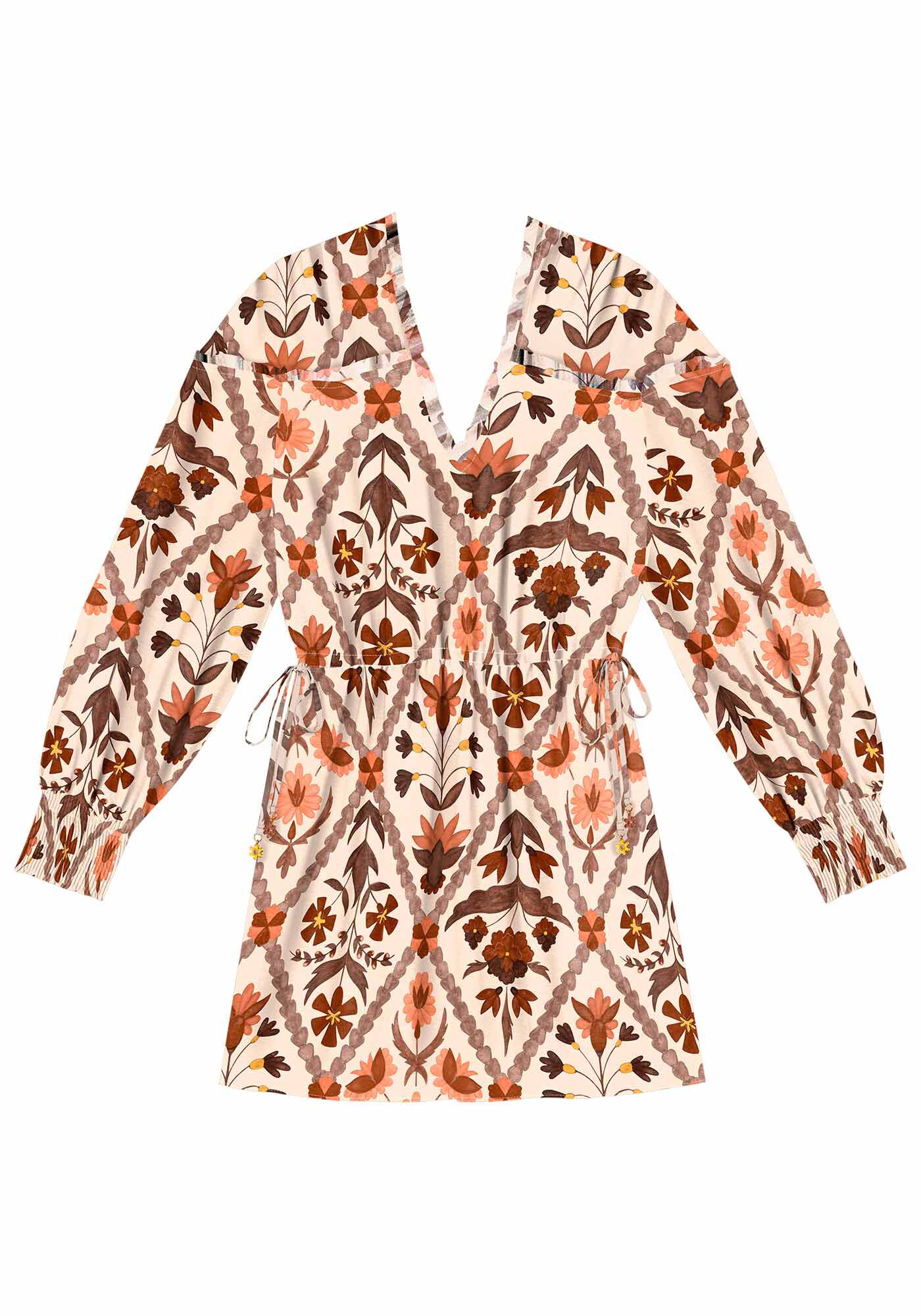 Vestido Curto Manga Longa Estampado com Amarra&ccedil;&atilde;o, , large.