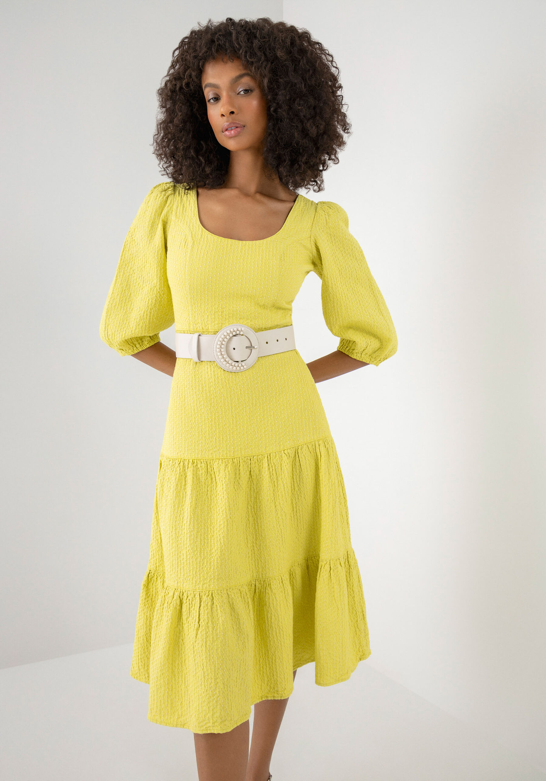 Vestido Midi Texturizado com Manga 3/4 Sustentável, . Vestido Midi Texturizado com Manga 3/4 Sustentável, , large.