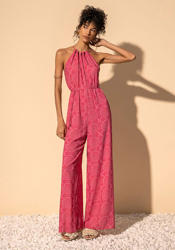 Macacão Longo Estampado Com Cinto E Enfeites No Decote, CHECK ROSA. Macacão Longo Estampado Com Cinto E Enfeites No Decote, CHECK ROSA, large.