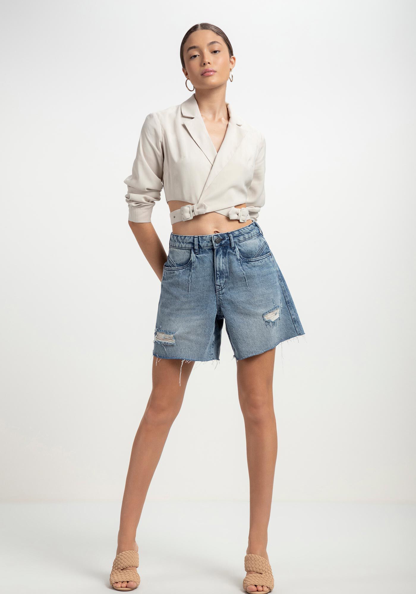 Bermuda Jeans Boyfriend Destroyed Marmorizada, JEANS, large.