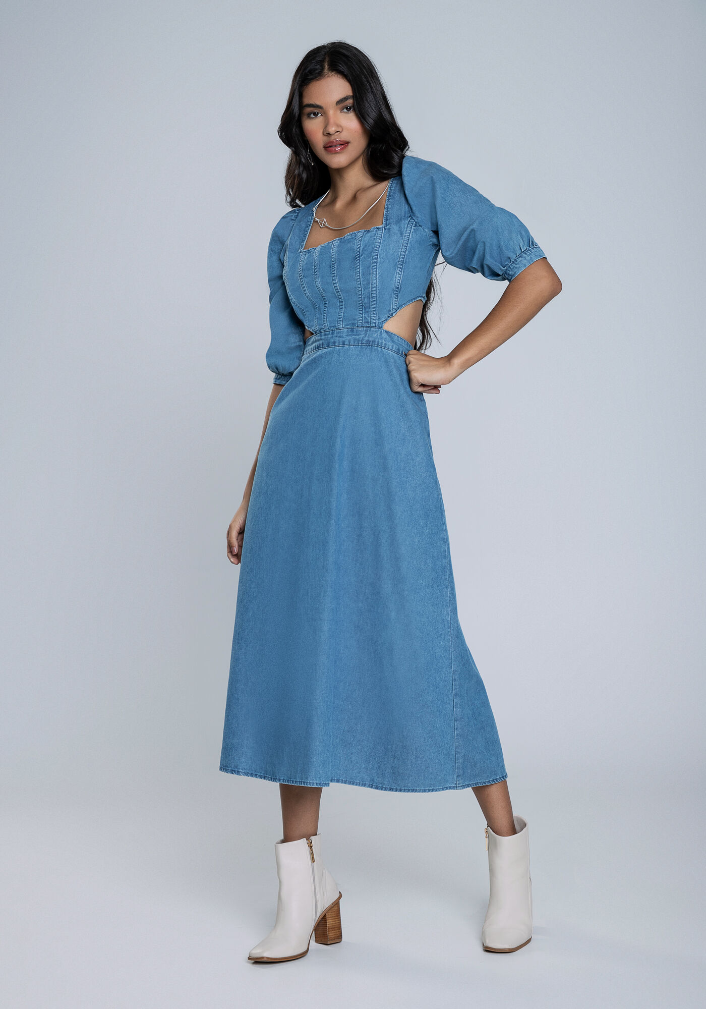 Vestido Midi em Jeans e Recorte Cintura, JEANS, large.