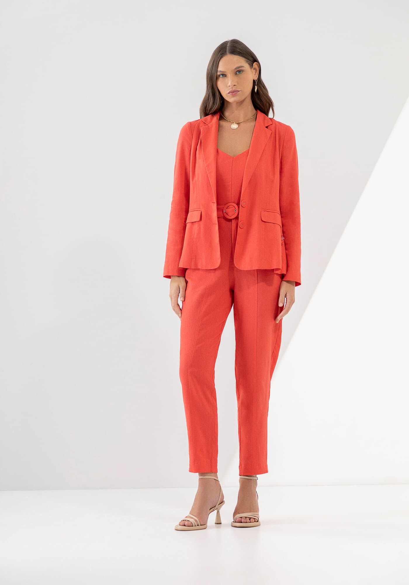 Blazer Alfaiataria em Linho com Cinto, VERMELHO RED HOT, large.