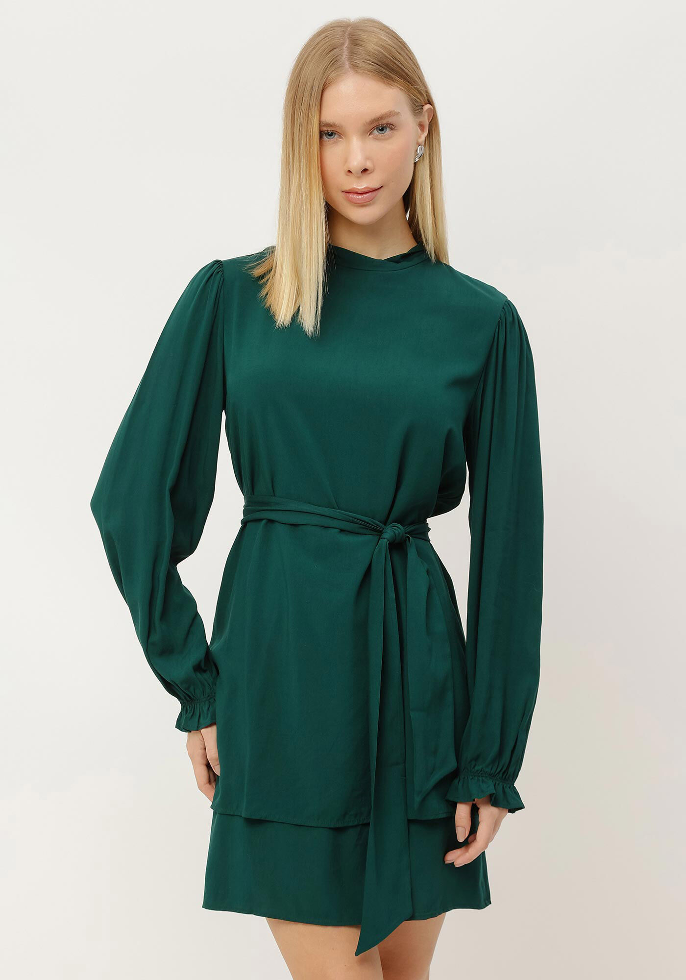 Vestido Curto Manga Longa Bufante com Faixa, , large.