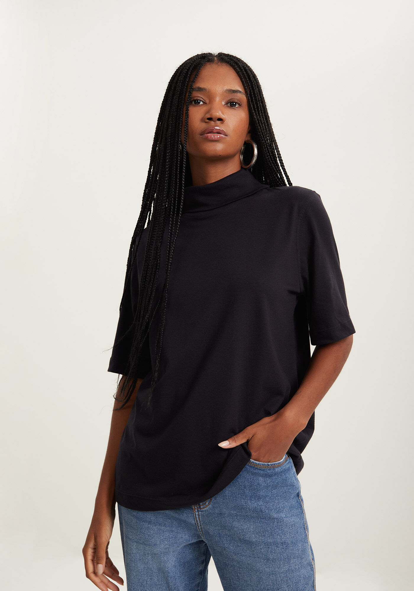 Blusa T-shirt Com Gola Alta Em Malha De Algod&atilde;o Penteado, , large.