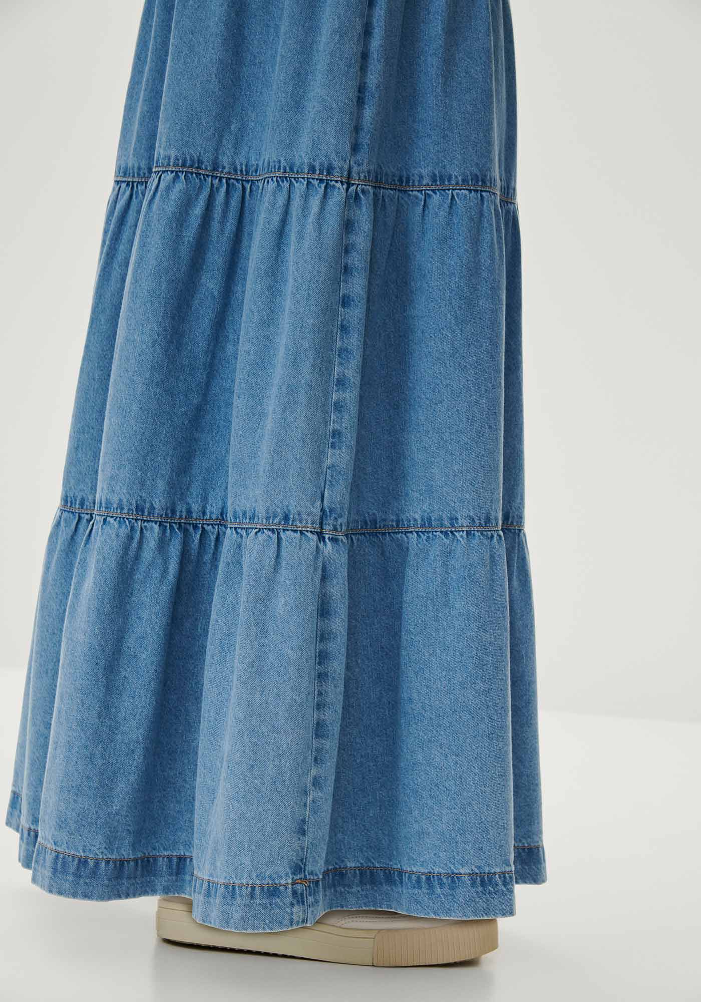 Saia Jeans Longa Cintura Alta com Babados, , large.