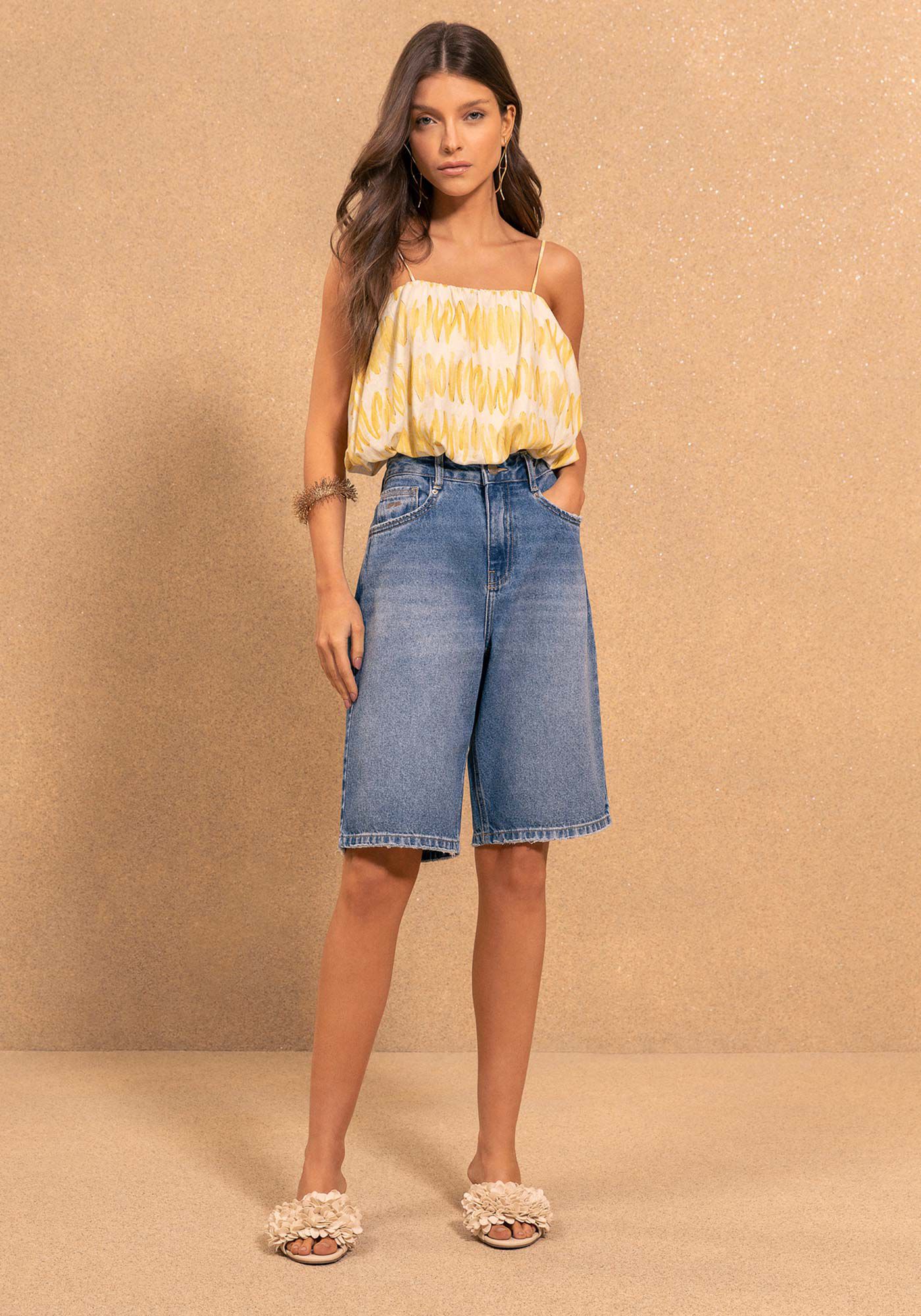 Blusa Cropped Balon&ecirc; Estampada De Al&ccedil;as Com Linho, PETALAS AMARELO, large.