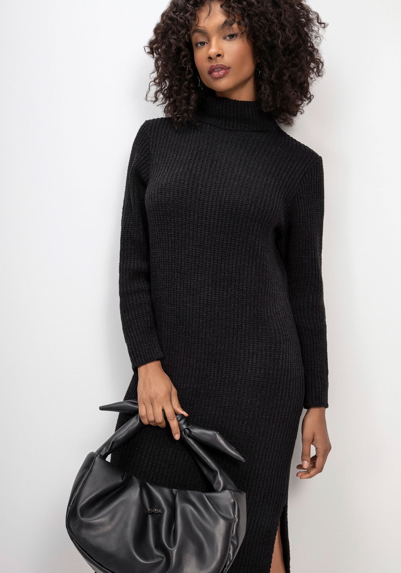 Vestido Midi Manga Longa em Tric&ocirc; com Gola Alta, PRETO REATIVO, large.