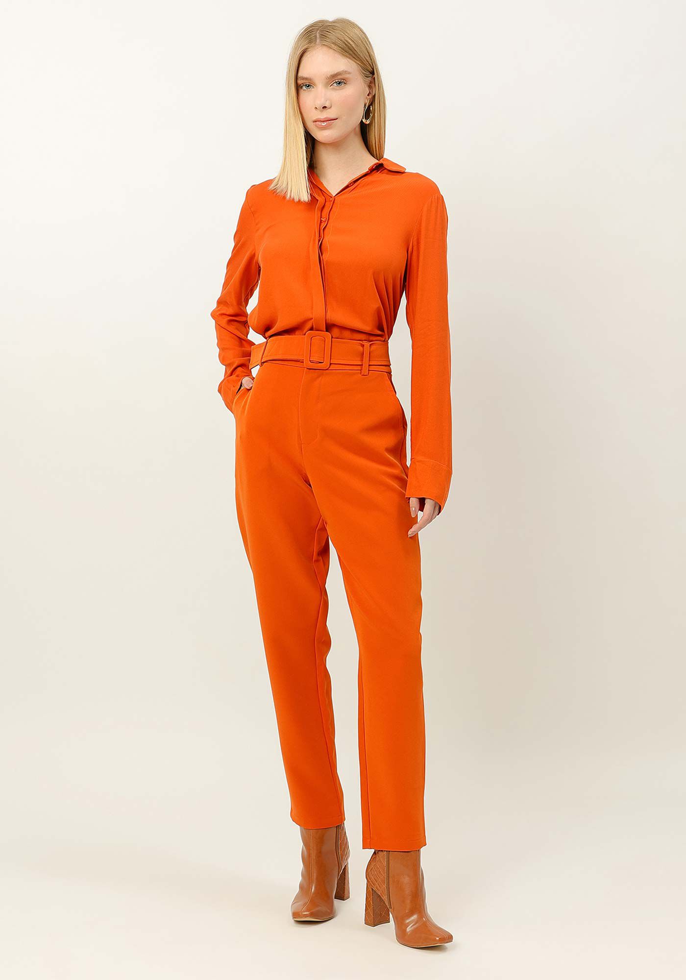 Cal&ccedil;a Reta Alfaiataria com Cinto, LARANJA  RADIANTE, large.