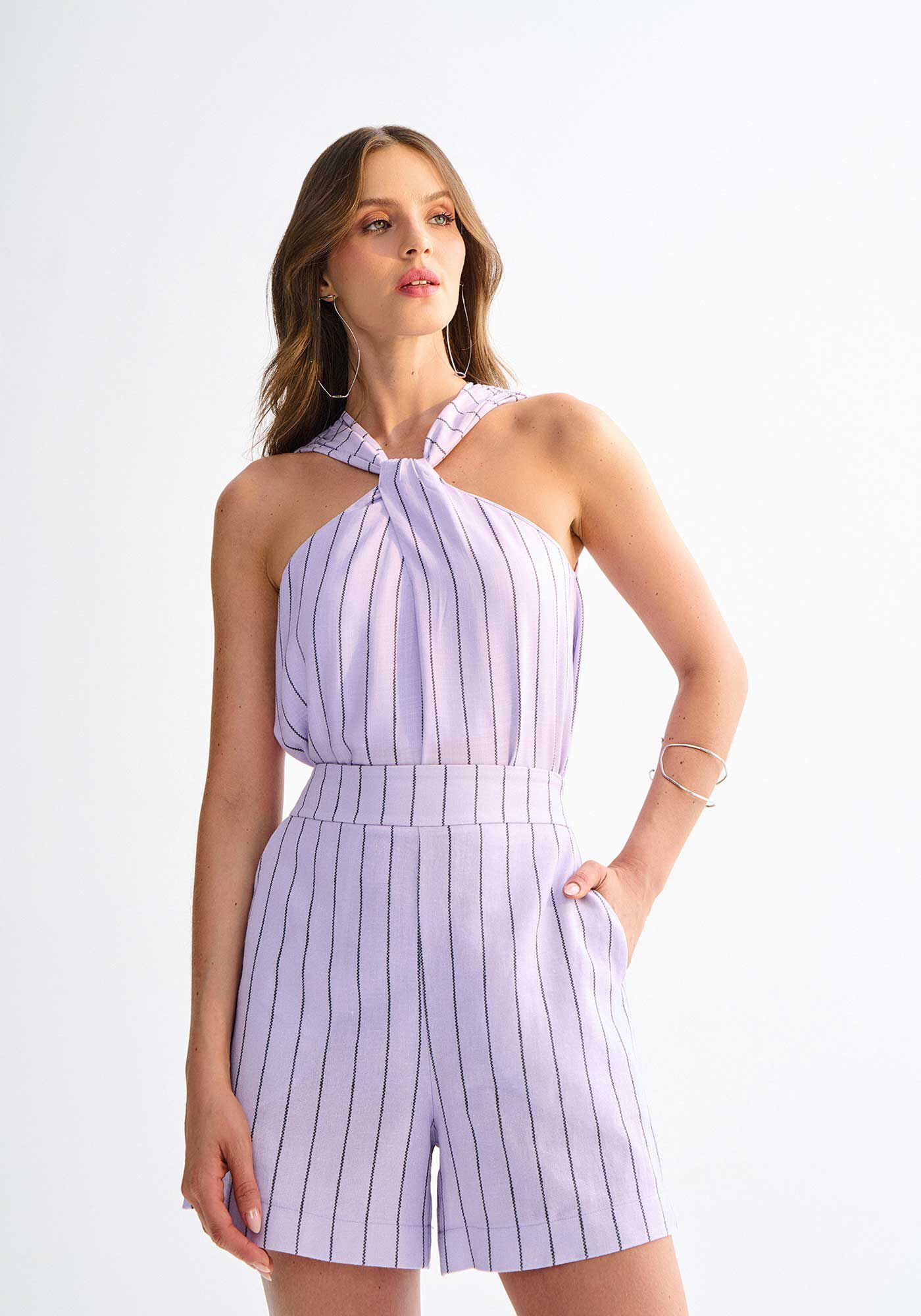 Shorts Cintura Alta em Linho Estampado, , large.