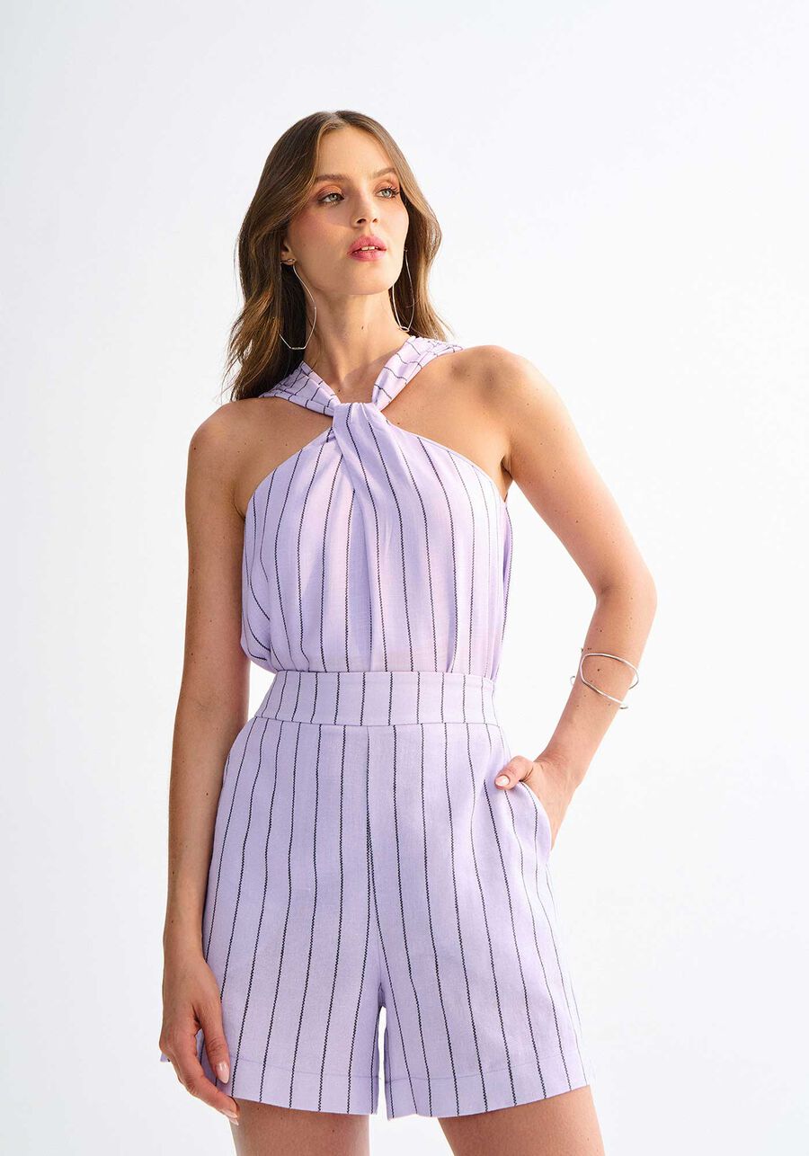 Shorts Cintura Alta em Linho Estampado, ESSENCE LILAS. Shorts Cintura Alta em Linho Estampado, ESSENCE LILAS, large.