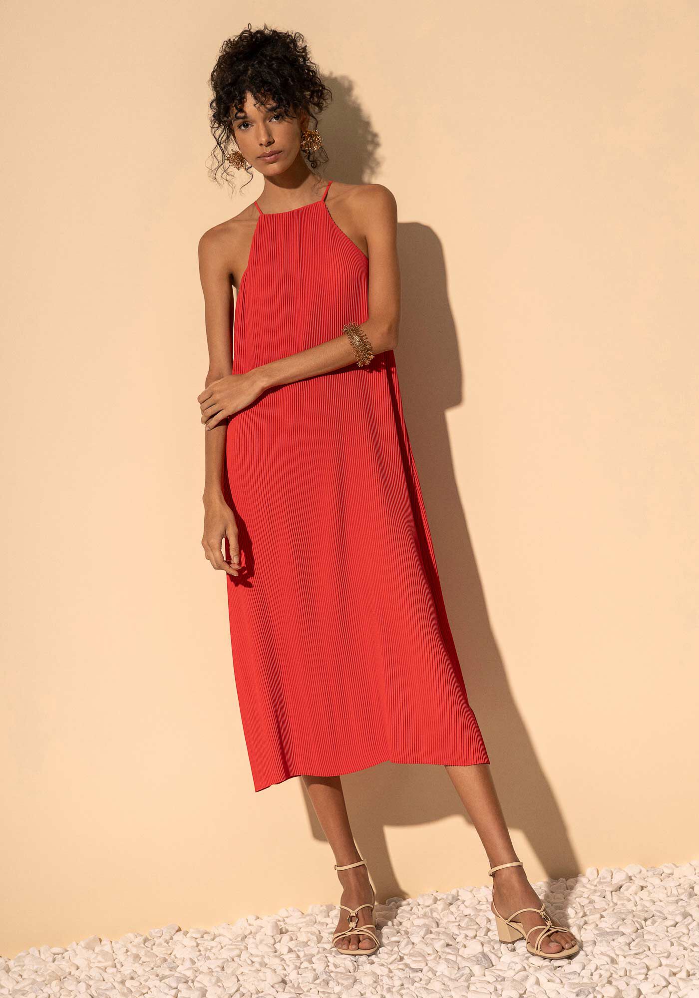 Vestido Midi Plissado De Al&ccedil;as Finas Com Decote Reto, VERMELHO CLAIR, large.