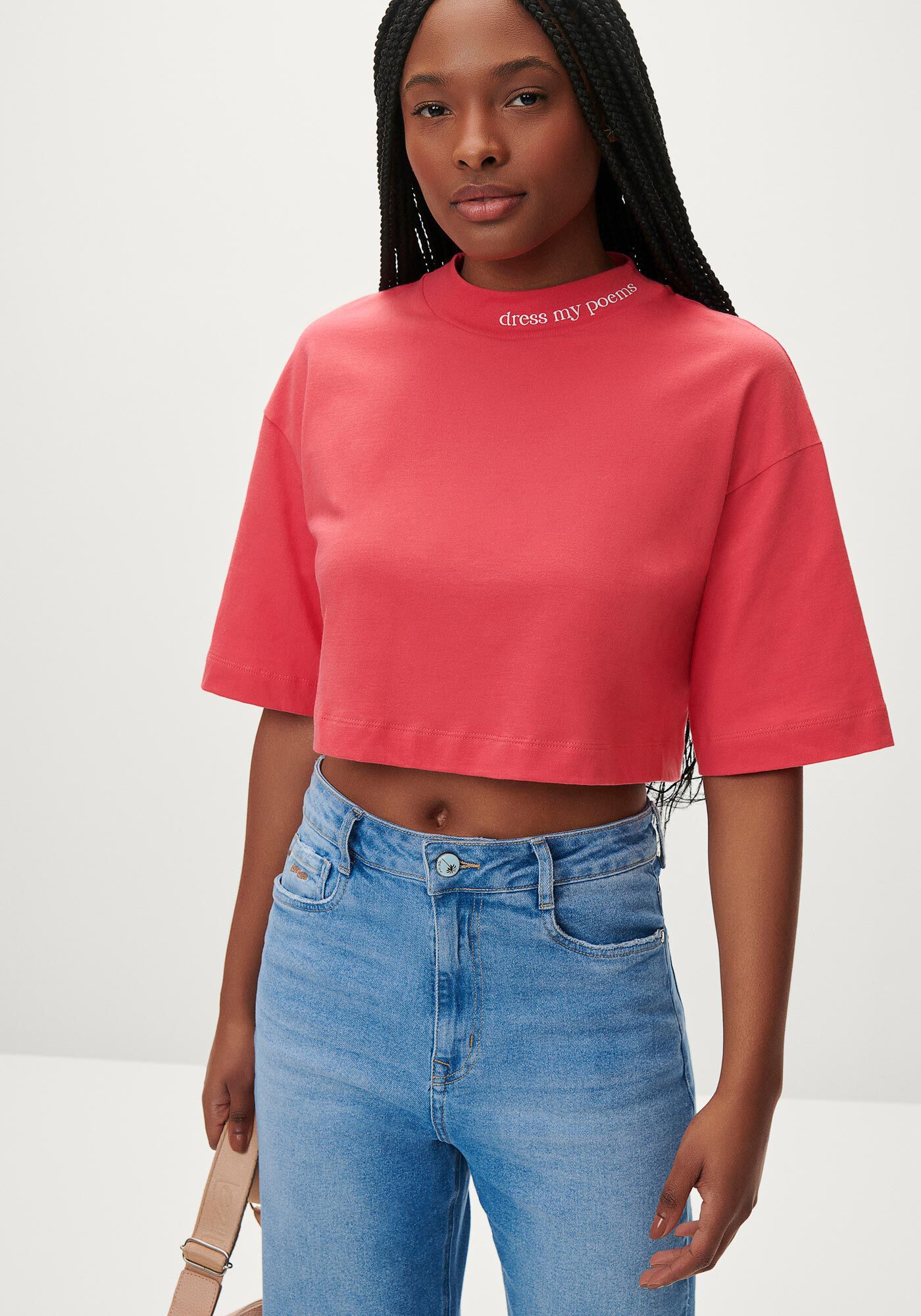 T-shirt Cropped Oversized com Gola, ROSA CARACAS, large.