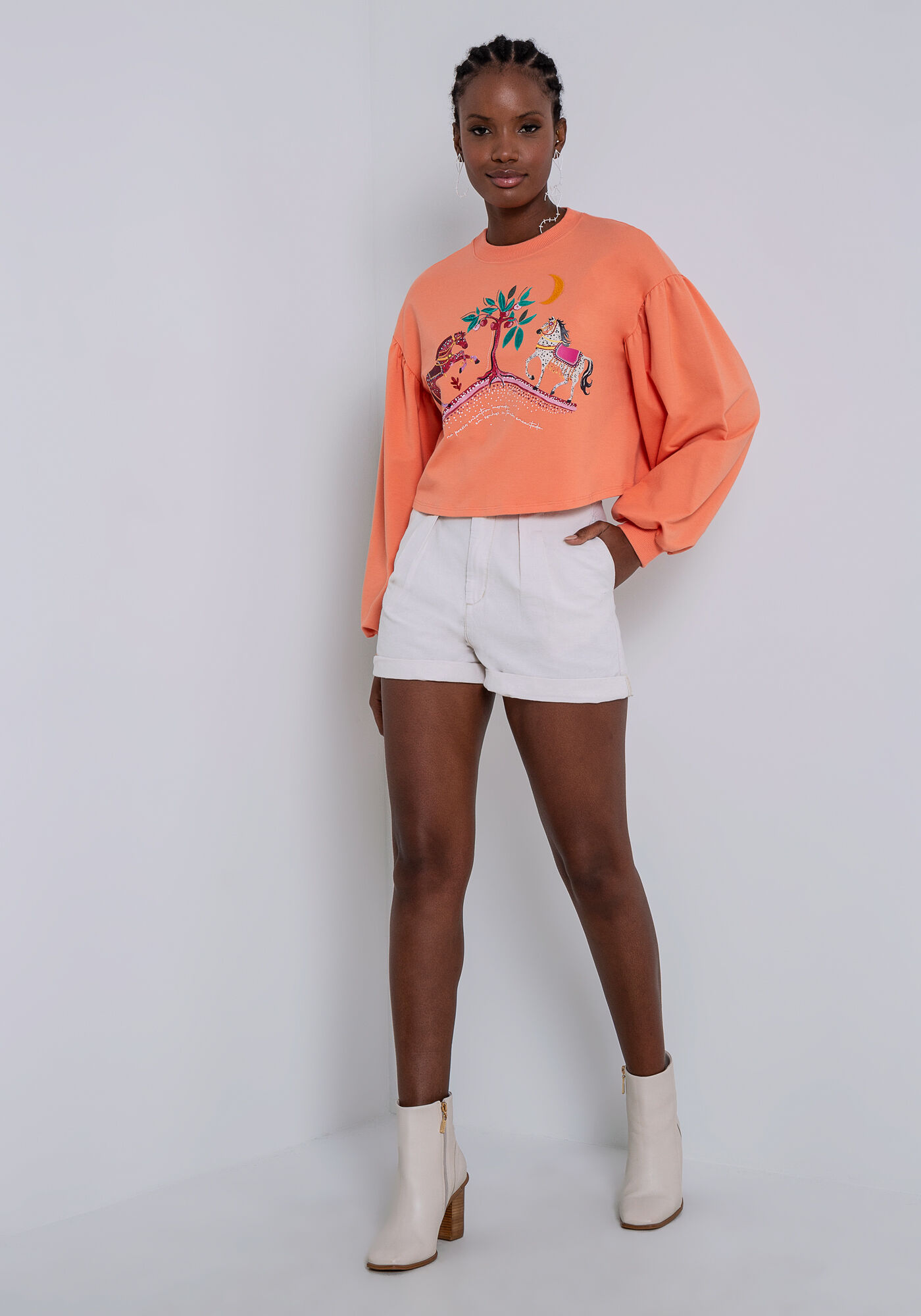 Blus&atilde;o Cropped Molecotton Manga Bufante, SALMAO ZINC, large.