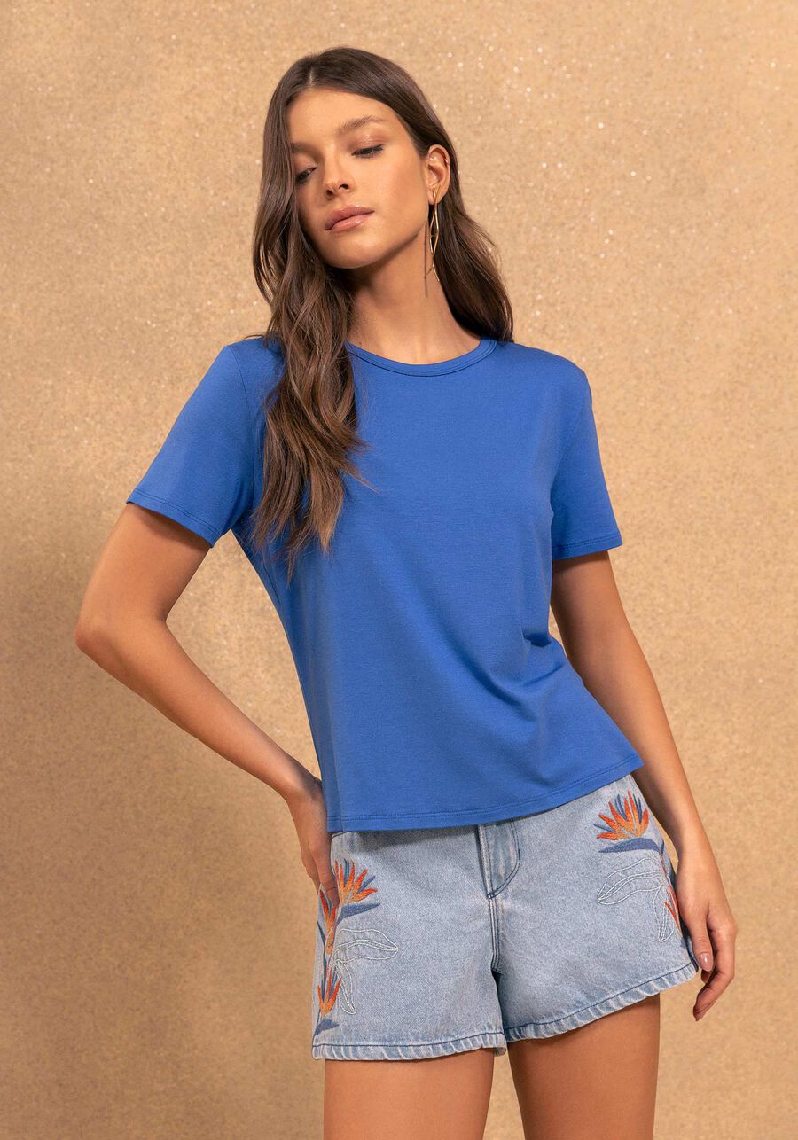 Blusa Básica De Mangas Curtas Em Malha Com Elastano, AZUL NAIVE. Blusa Básica De Mangas Curtas Em Malha Com Elastano, AZUL NAIVE, large.