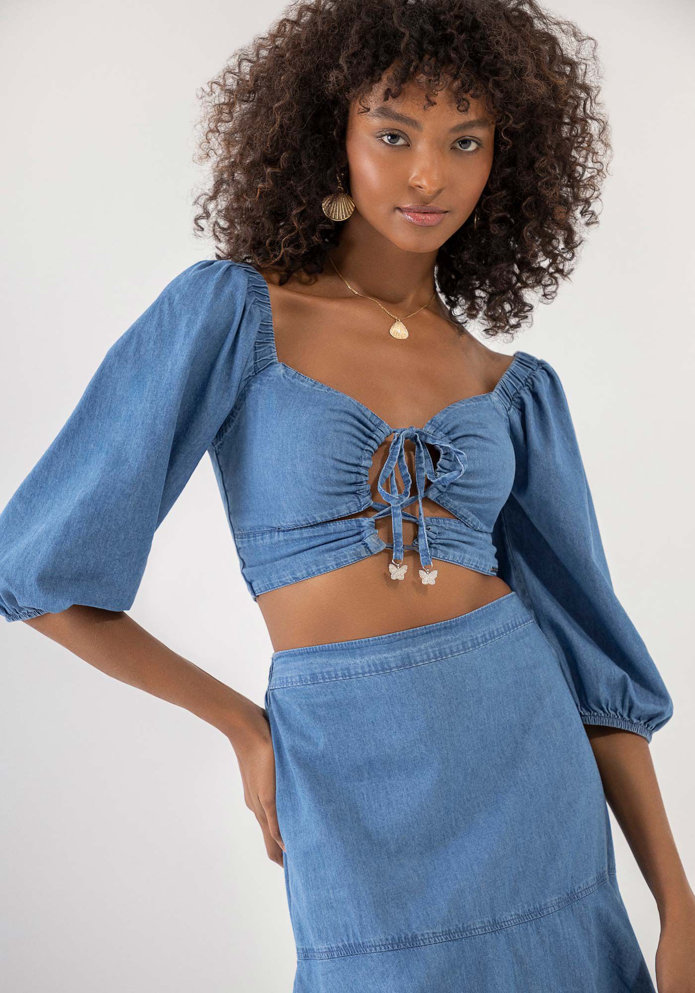 Blusa Jeans Cut Manga 3/4 Bufante com Cut Out, , large.