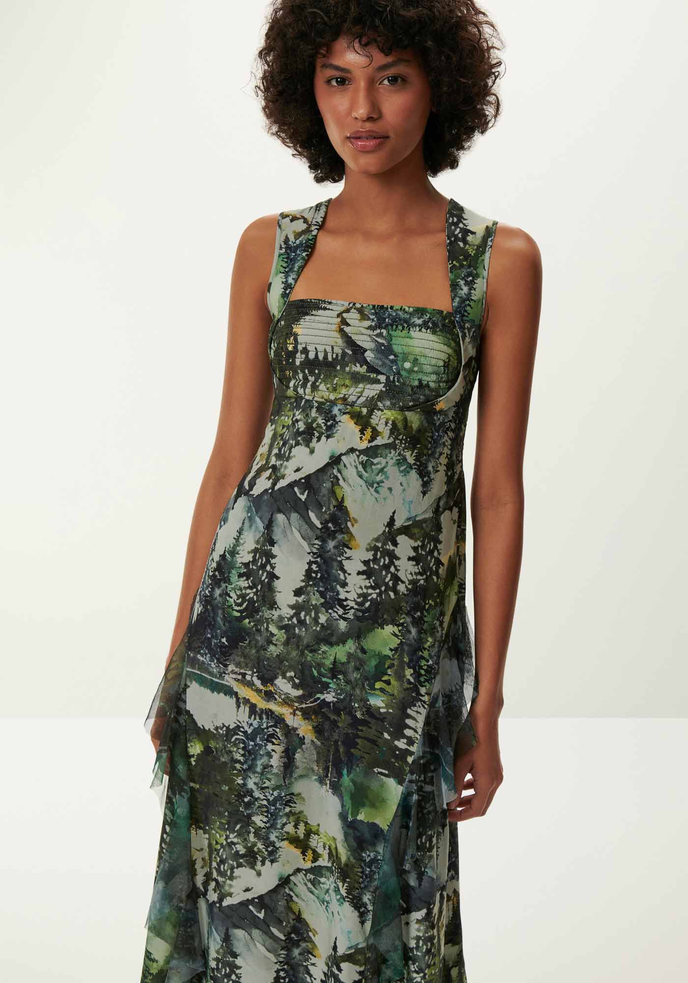 Vestido Midi Estampado em Viscose com Babado Tule, , large.