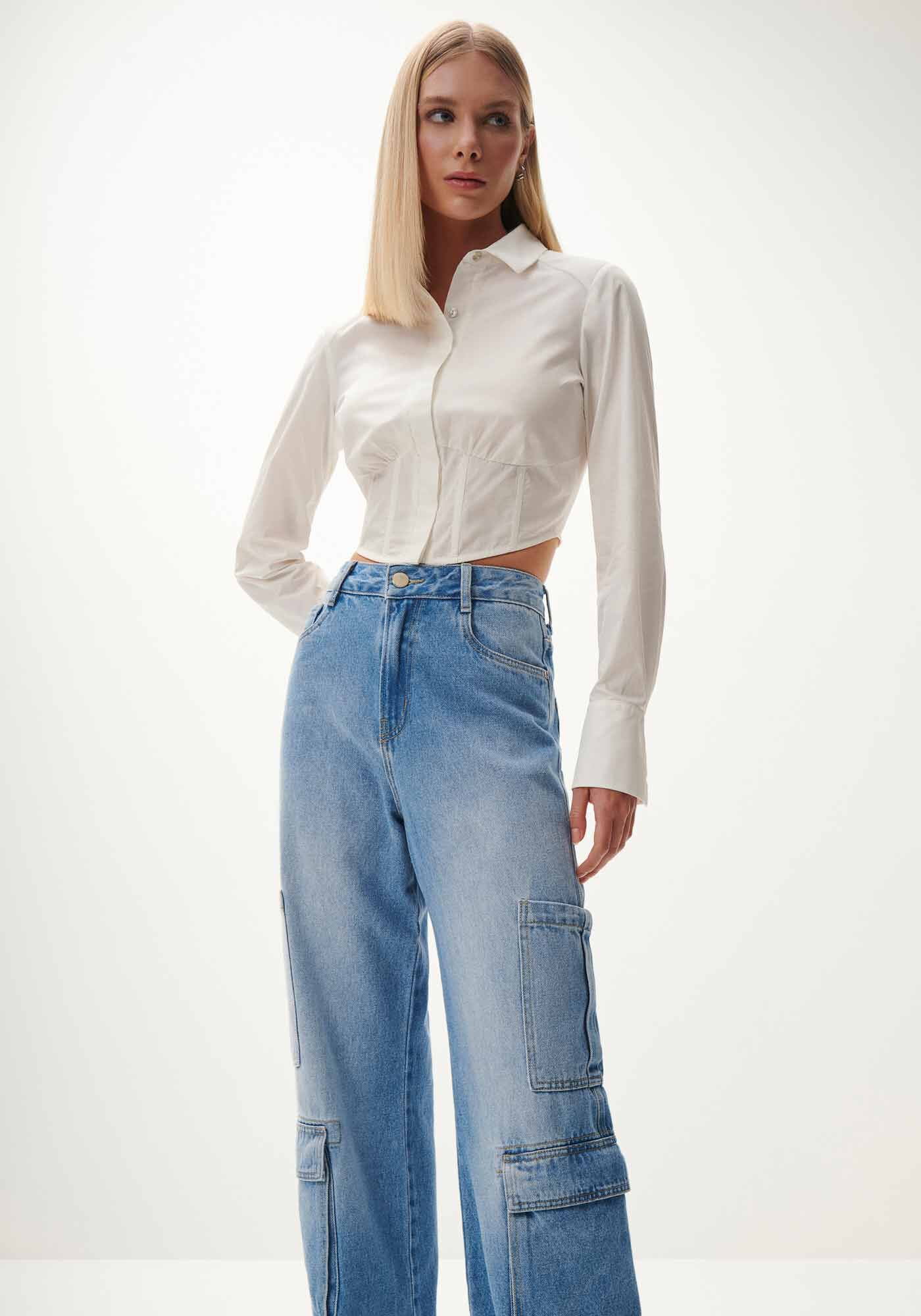 Cal&ccedil;a Jeans Baggy Cargo com Cintura M&eacute;dia, JEANS, large.