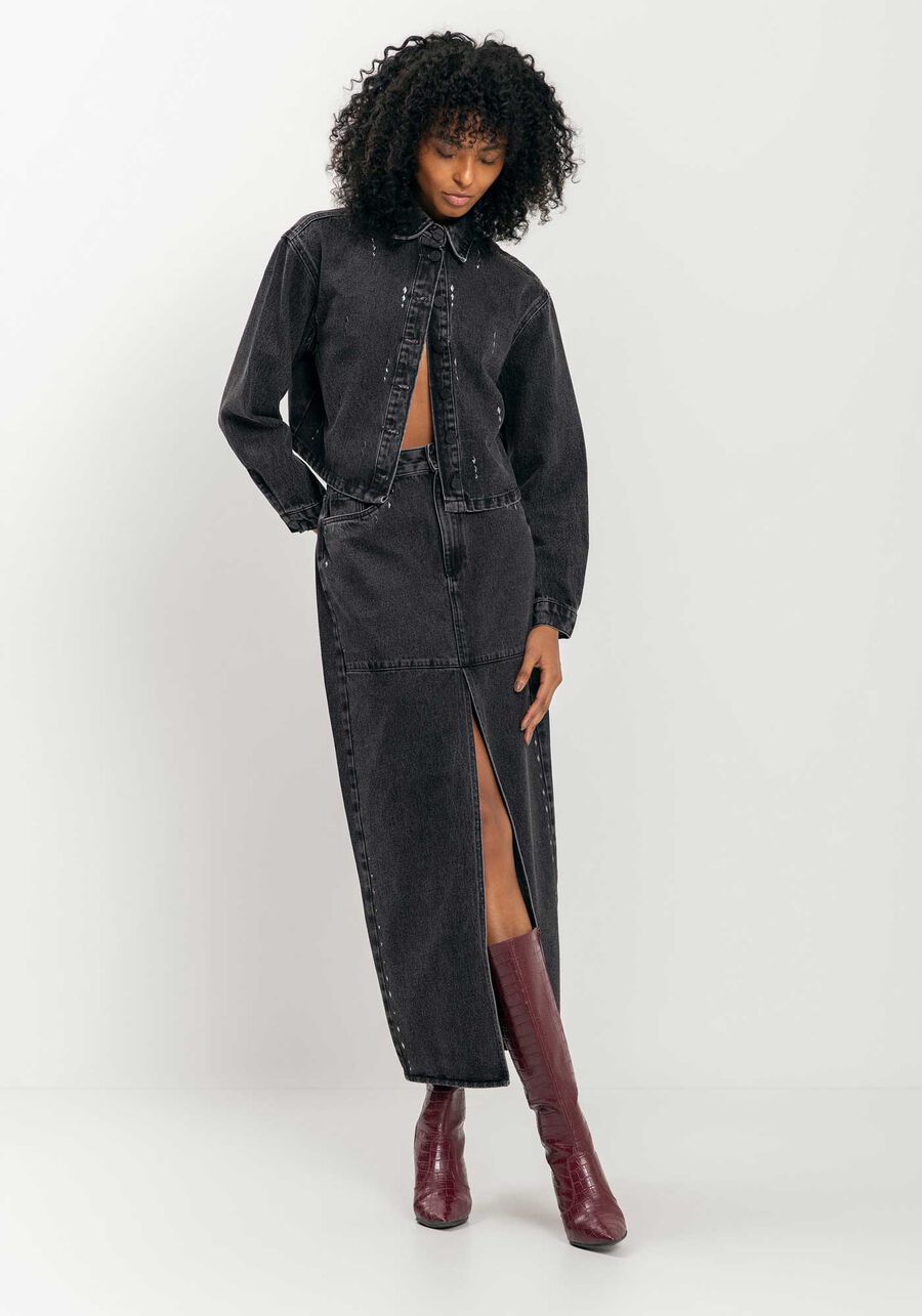 Saia Jeans Longa Com Fenda E Pedrarias, PRETO. Saia Jeans Longa Com Fenda E Pedrarias, PRETO, large.