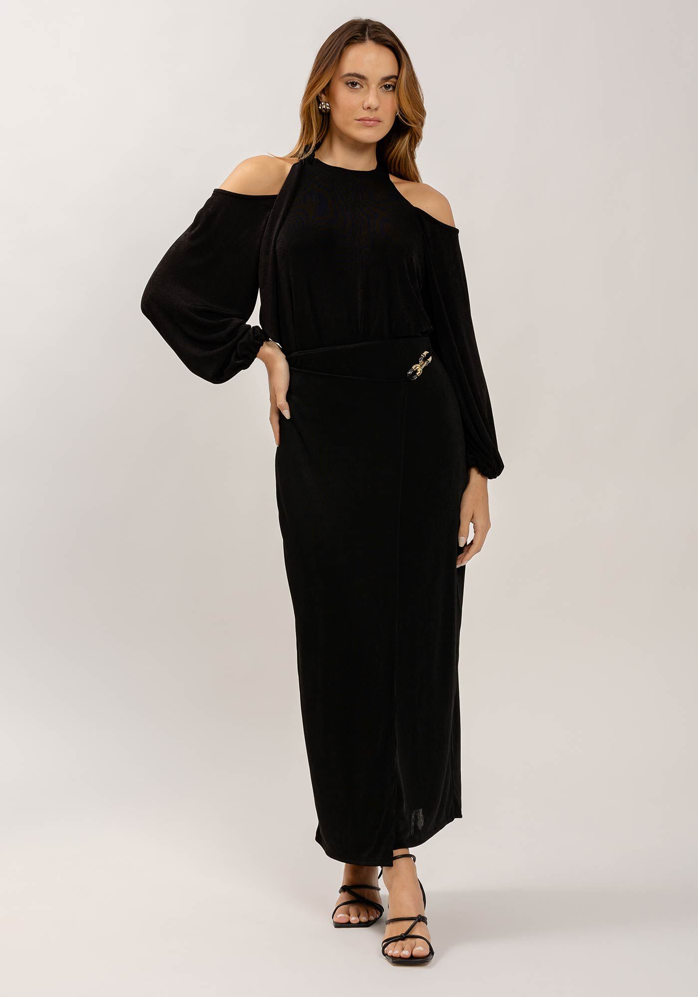 Blusa Manga Longa com Recorte Ombros e Amarra&ccedil;&atilde;o, PRETO REATIVO, large.