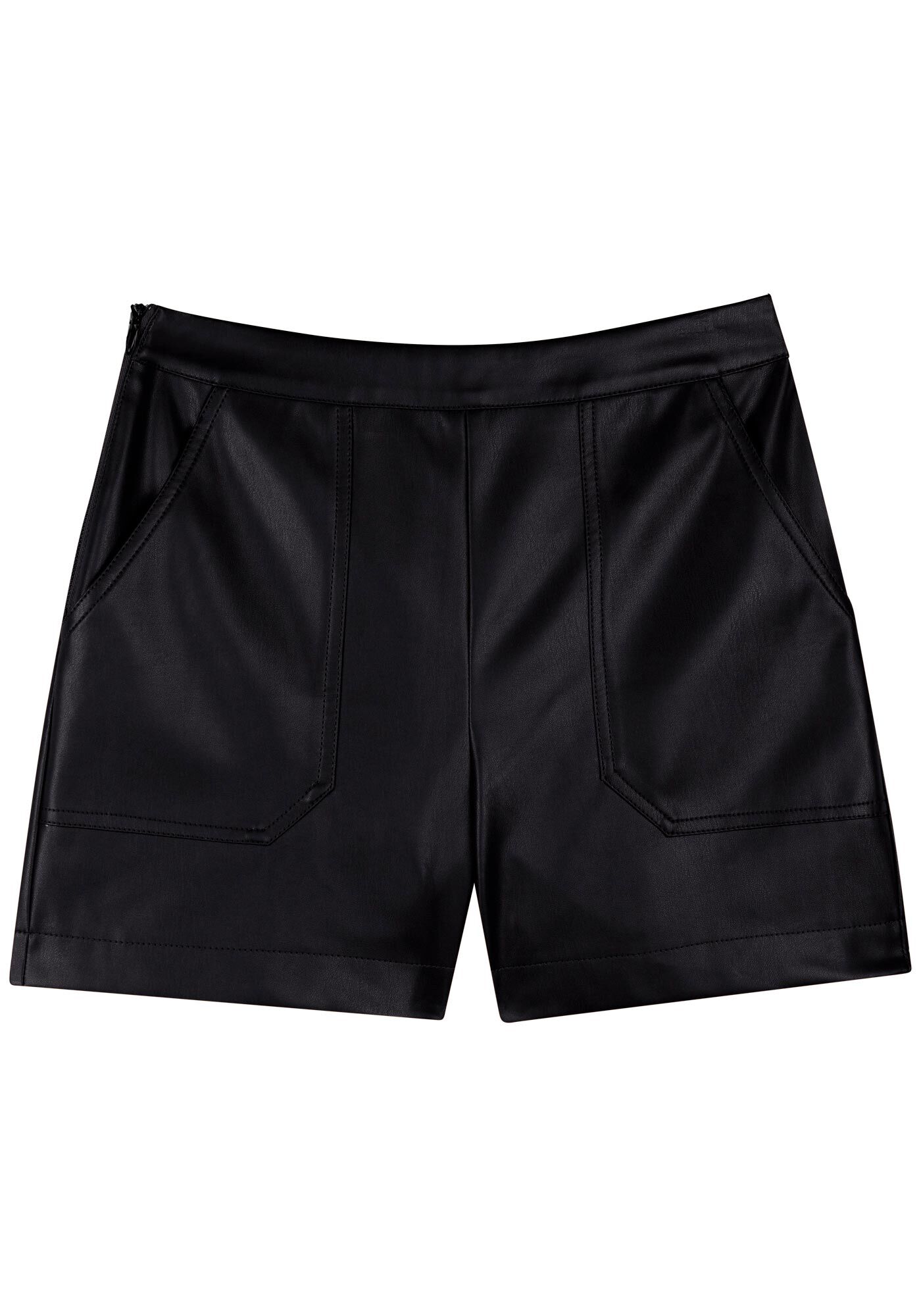 Shorts Curto Em Pu Com Bolsos Frontais E Cintura M&eacute;dia, PRETO REATIVO, large.