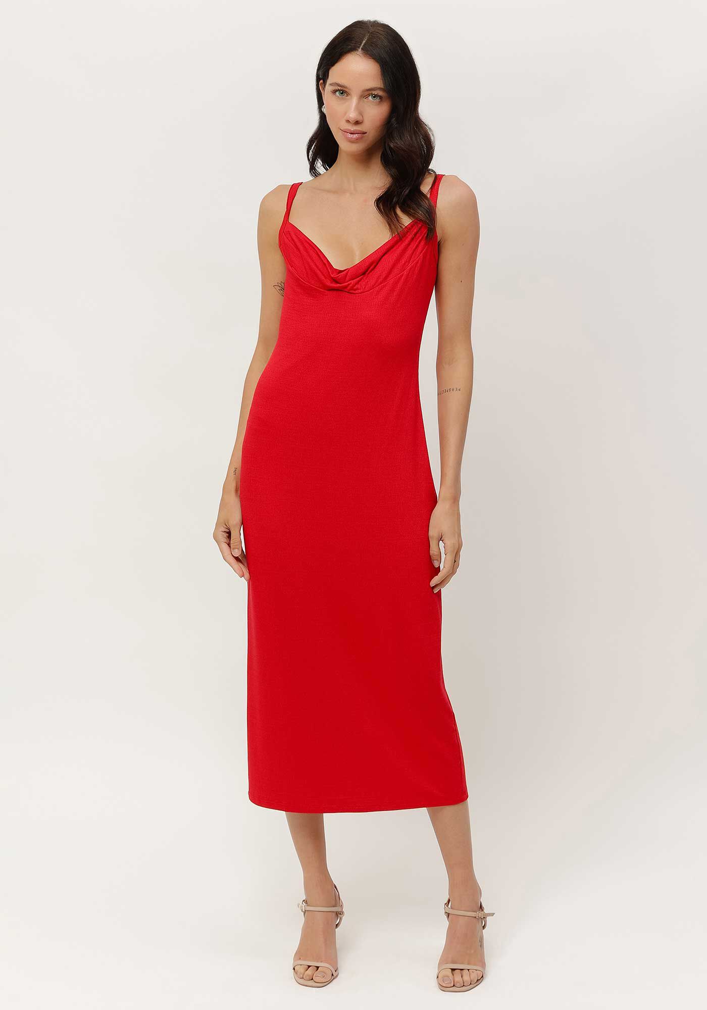 Vestido Midi Justo com Decote Degag&ecirc;, , large.