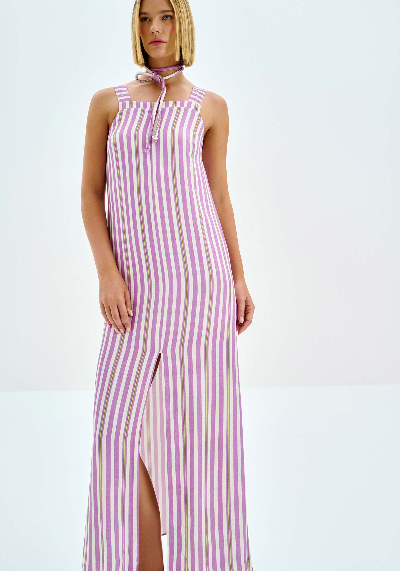 Vestido Longo Estampado com Cinto e Fenda, , large.