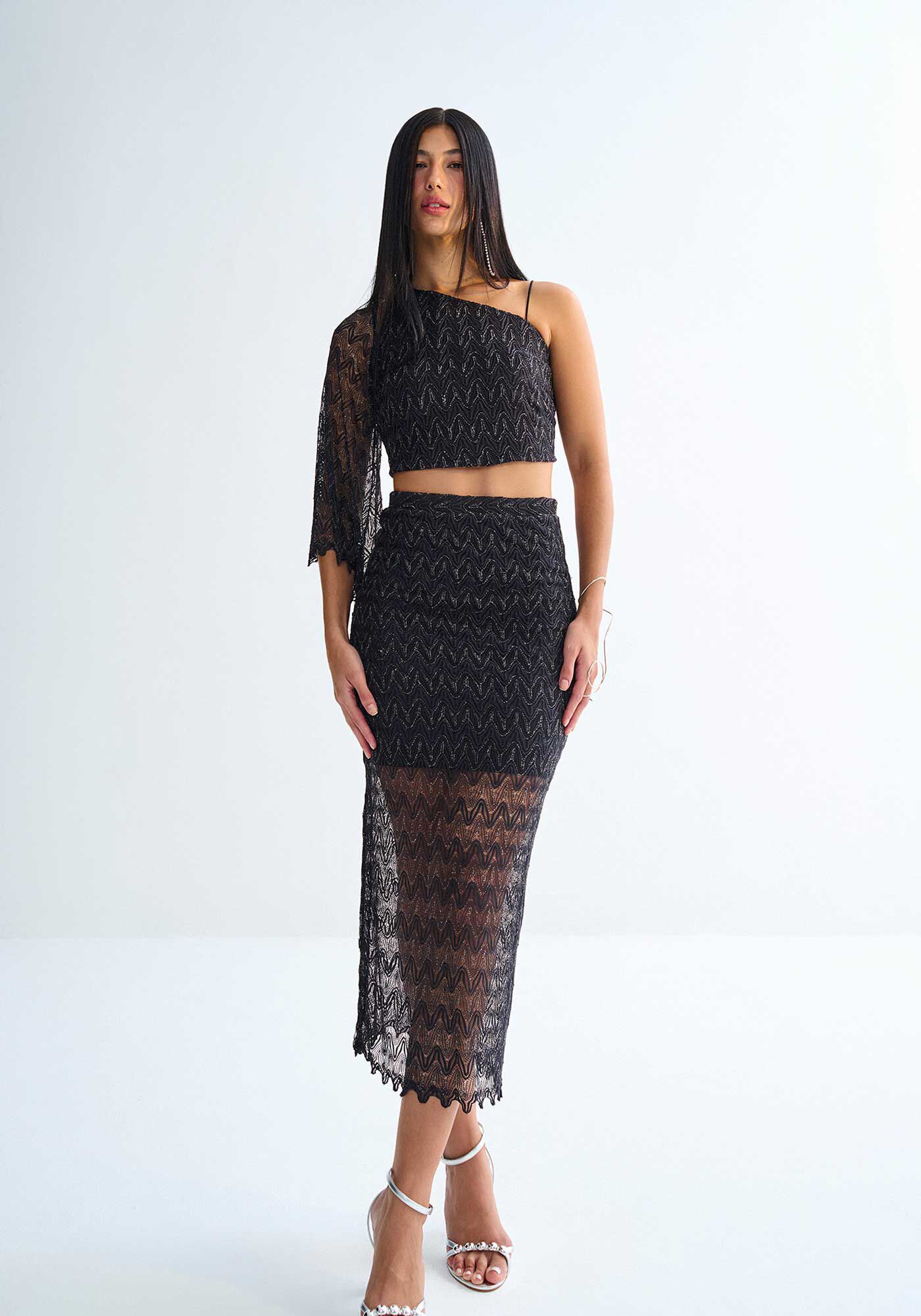 Saia Midi em Renda Brilho com Forro Curto, , large.