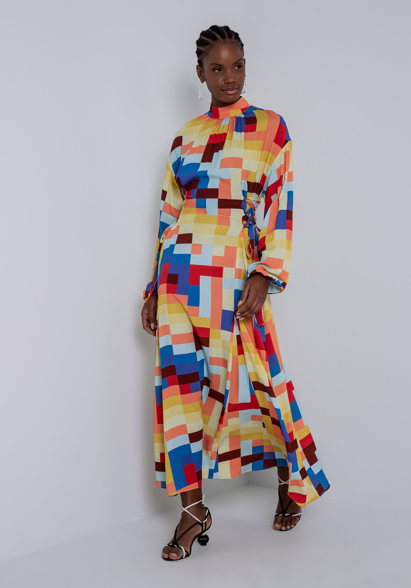 Vestido Midi Ch&aacute; com Tiras e Amarra&ccedil;&atilde;o, , large.