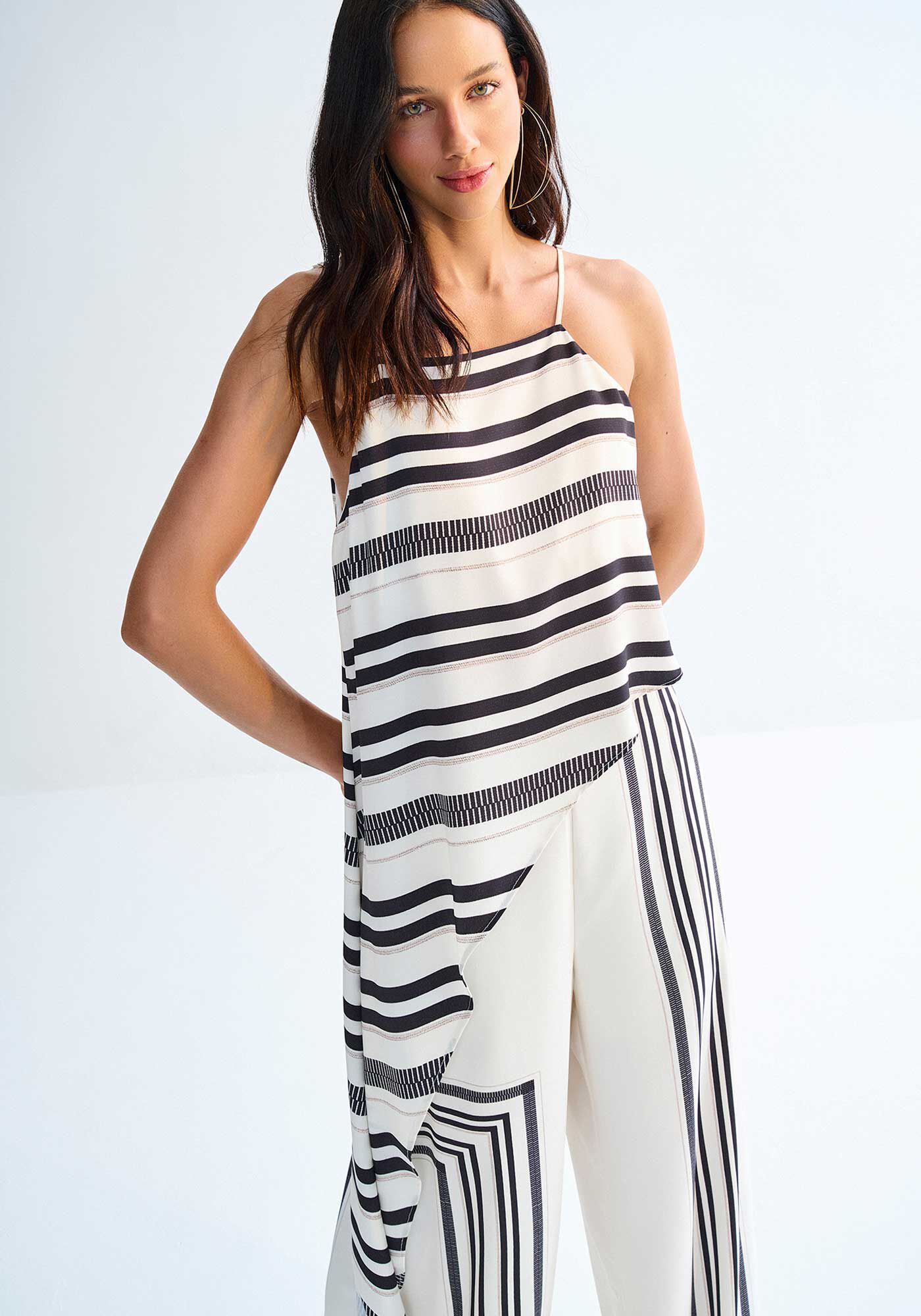 Blusa Assim&eacute;trica Listrada com M&aacute;xi Ponta, , large.