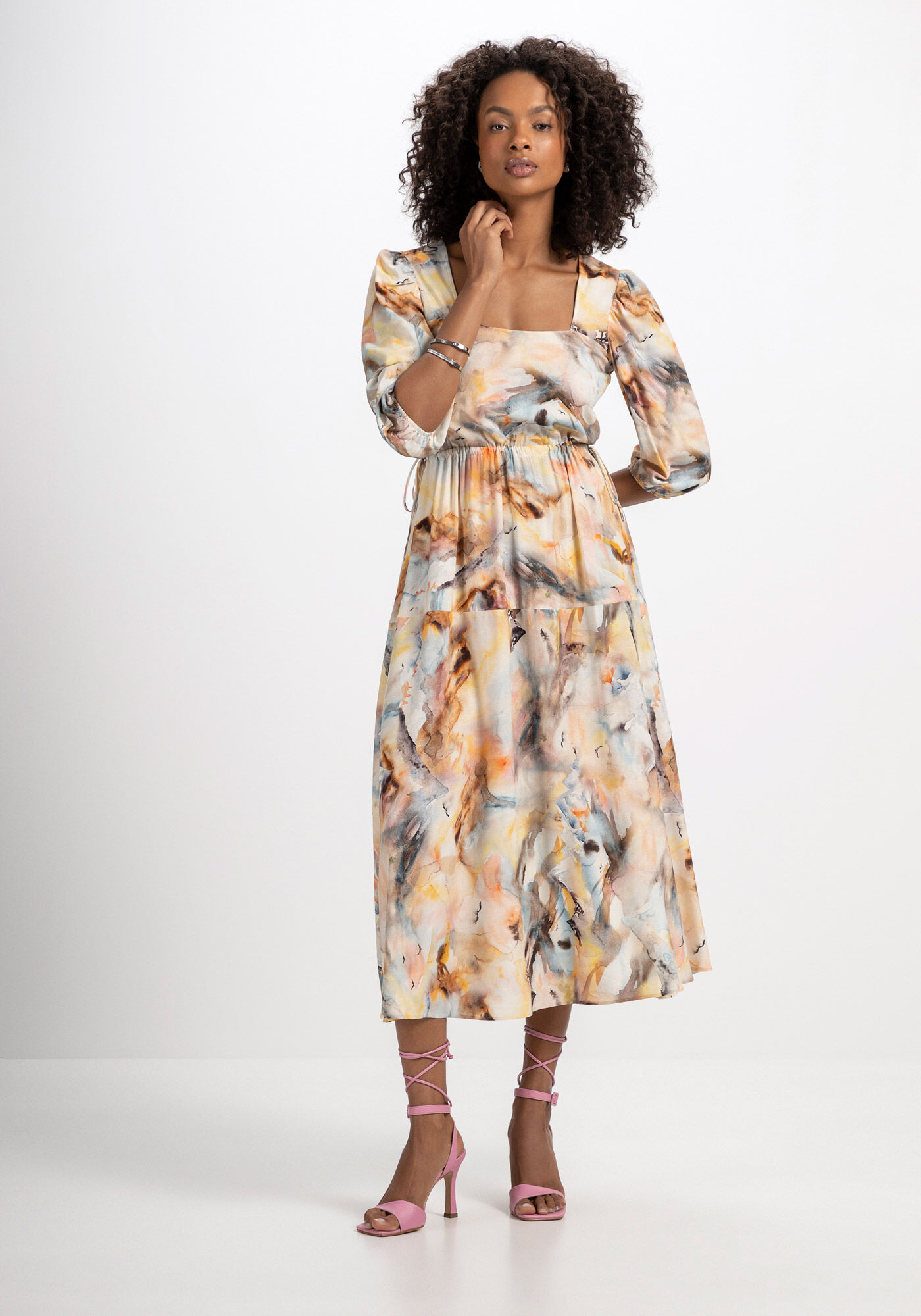 Vestido Midi Estampado em Viscose com Amarra&ccedil;&atilde;o, , large.