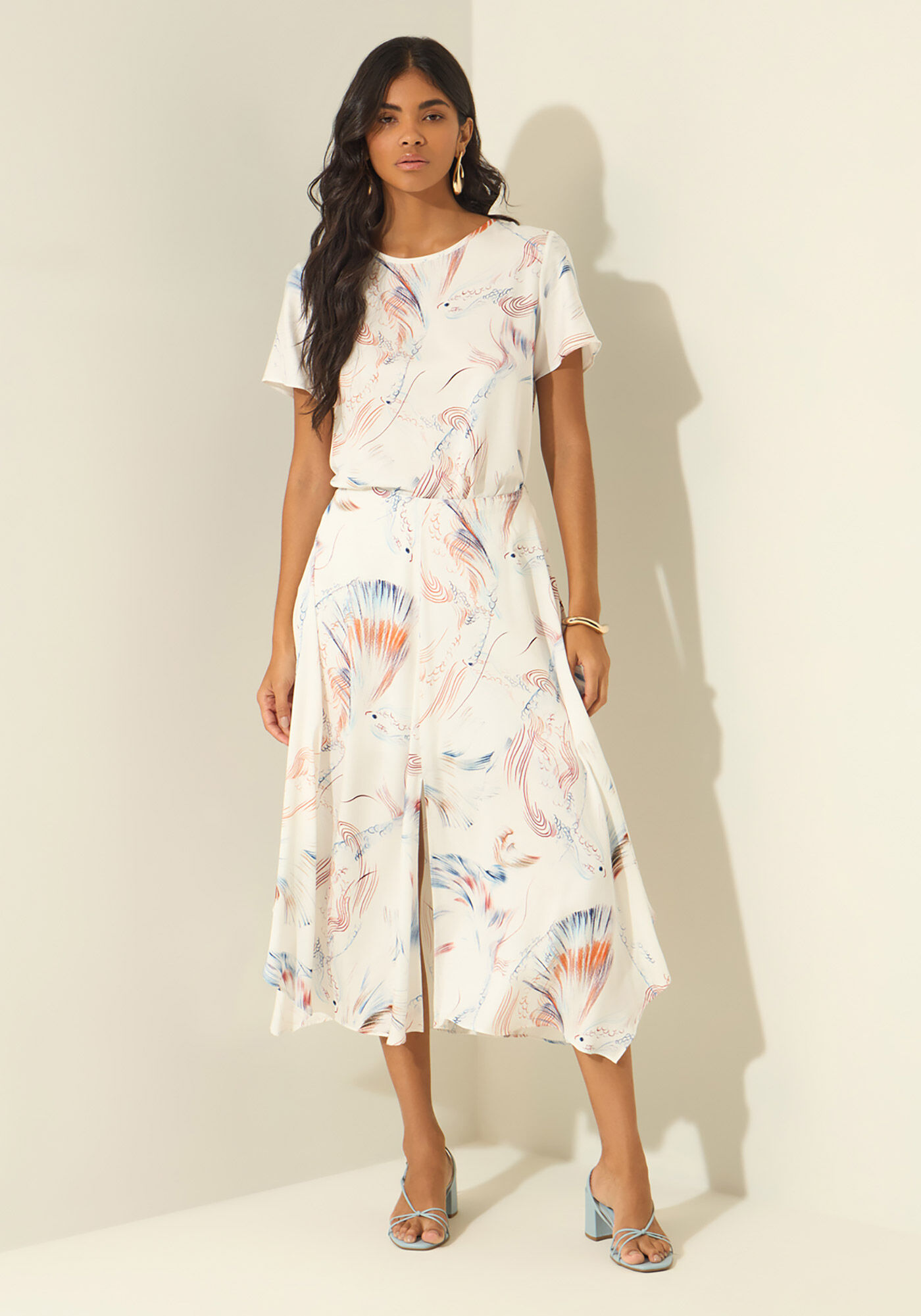 Saia Midi Estampada Com Cintura Alta E Z&iacute;per, MARE BEGE, large.