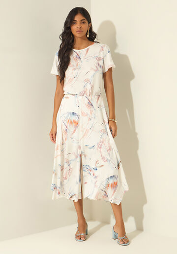 Saia Midi Estampada Com Cintura Alta E Zíper, MARE BEGE. Saia Midi Estampada Com Cintura Alta E Zíper, MARE BEGE, large.