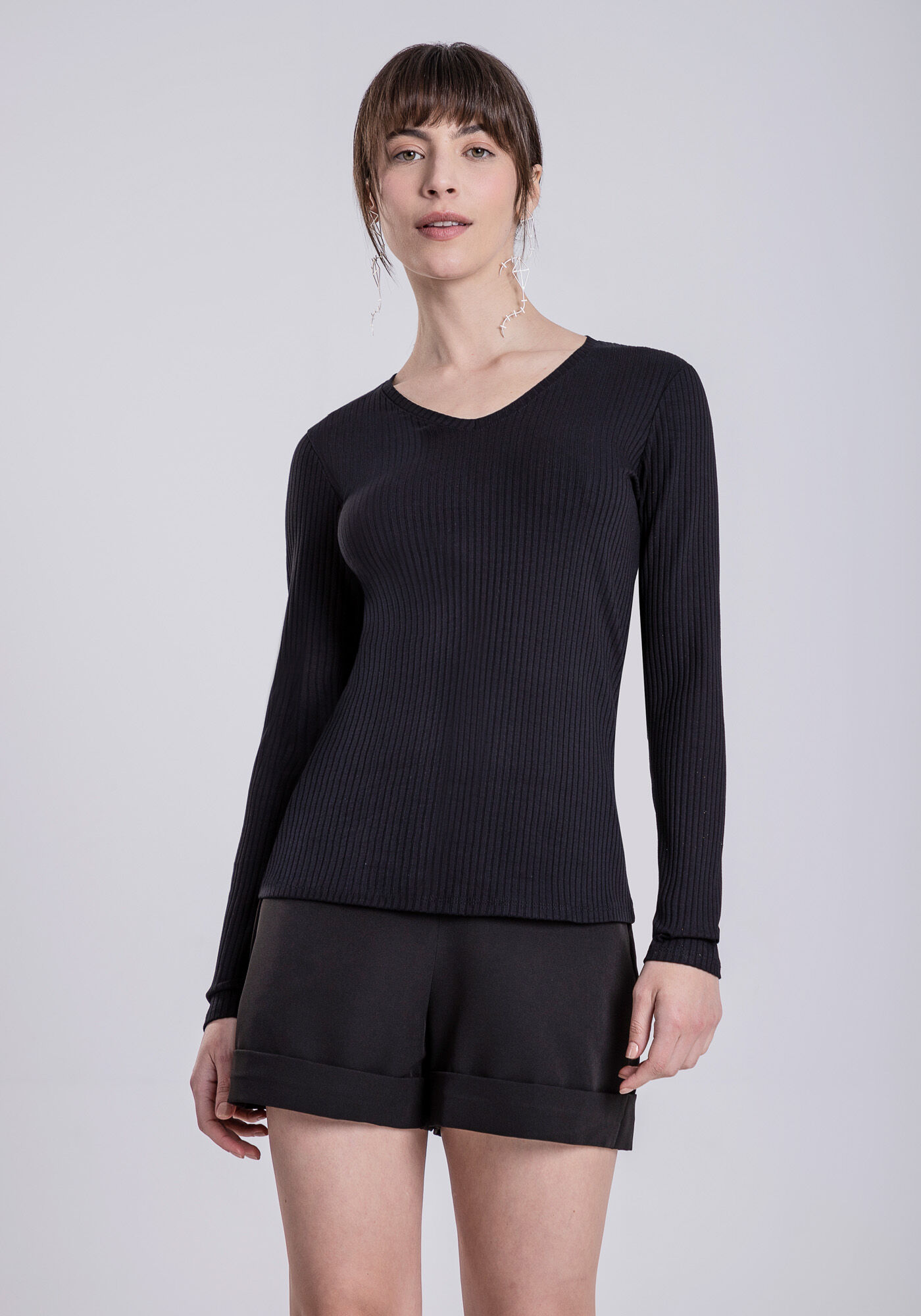 Blusa Manga Longa em Malha Decote V, , large.