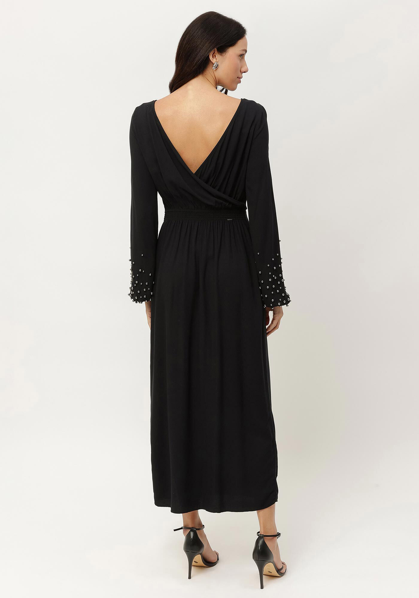 Vestido Midi Manga Longa com Fenda e P&eacute;rolas, , large.