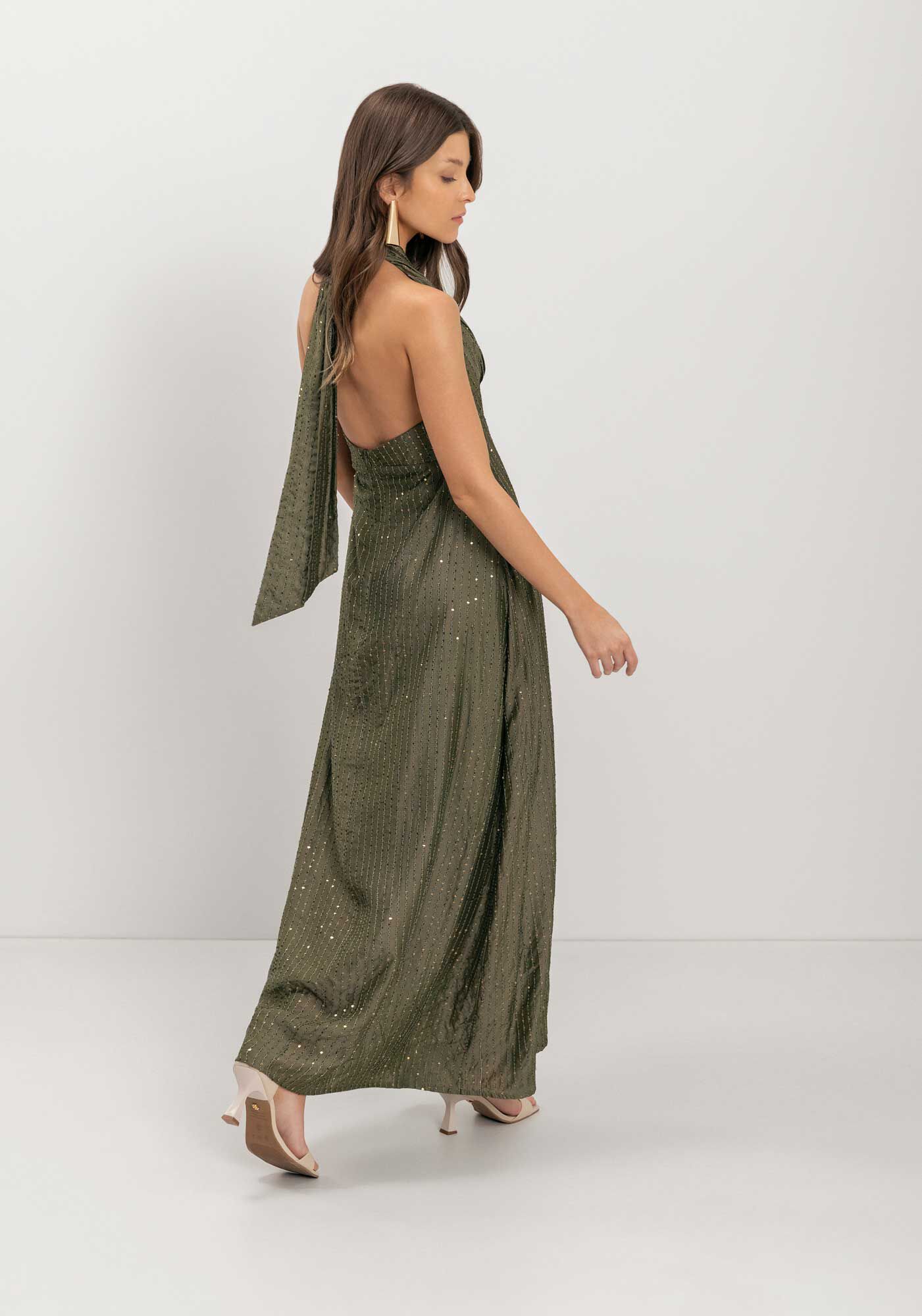 Vestido Longo Frente &Uacute;nica Com Amarra&ccedil;&atilde;o E Paet&ecirc;s, VERDE AZEITONA, large.