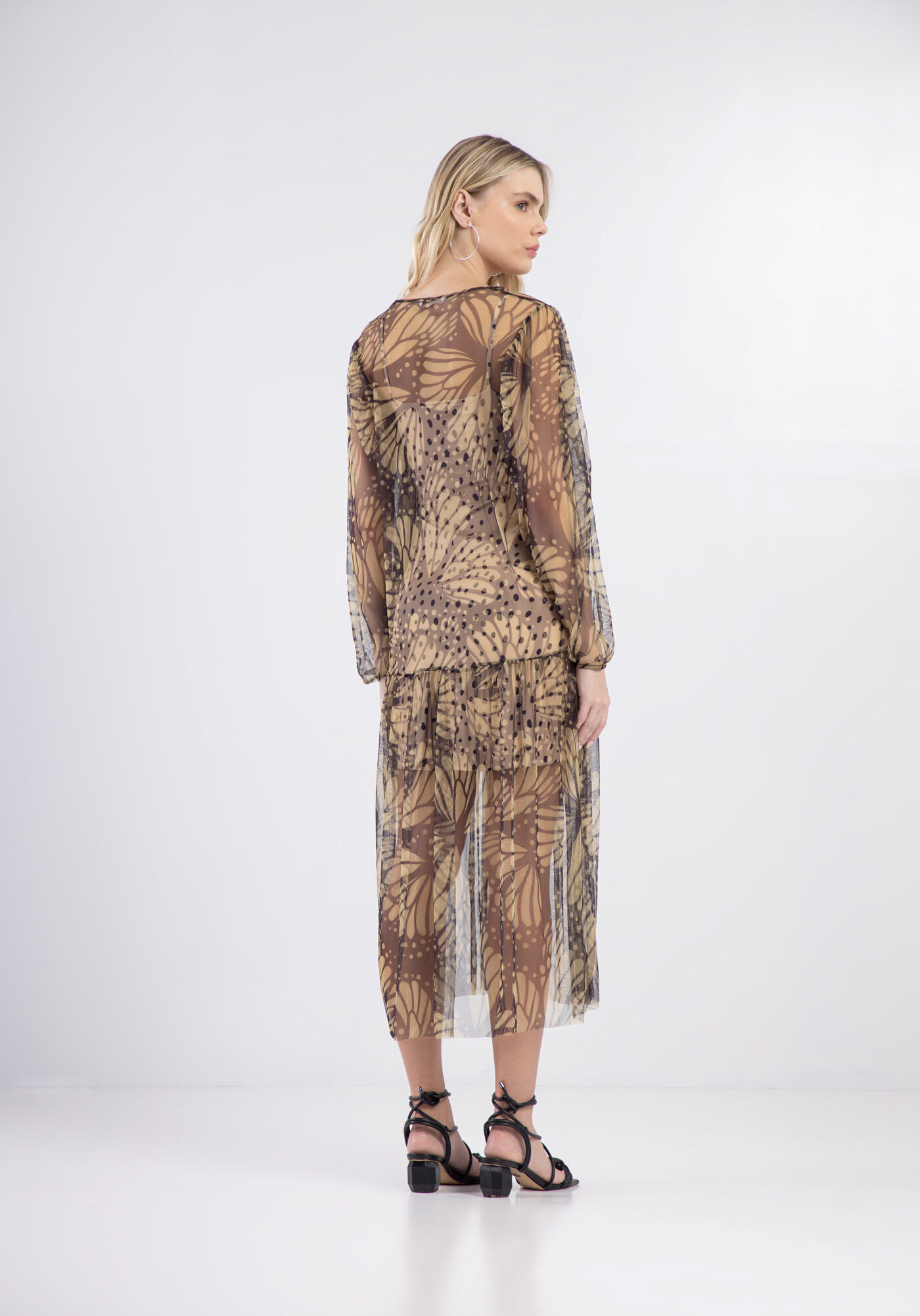 Vestido Midi em Tule com Manga Longa Bufante, , large.