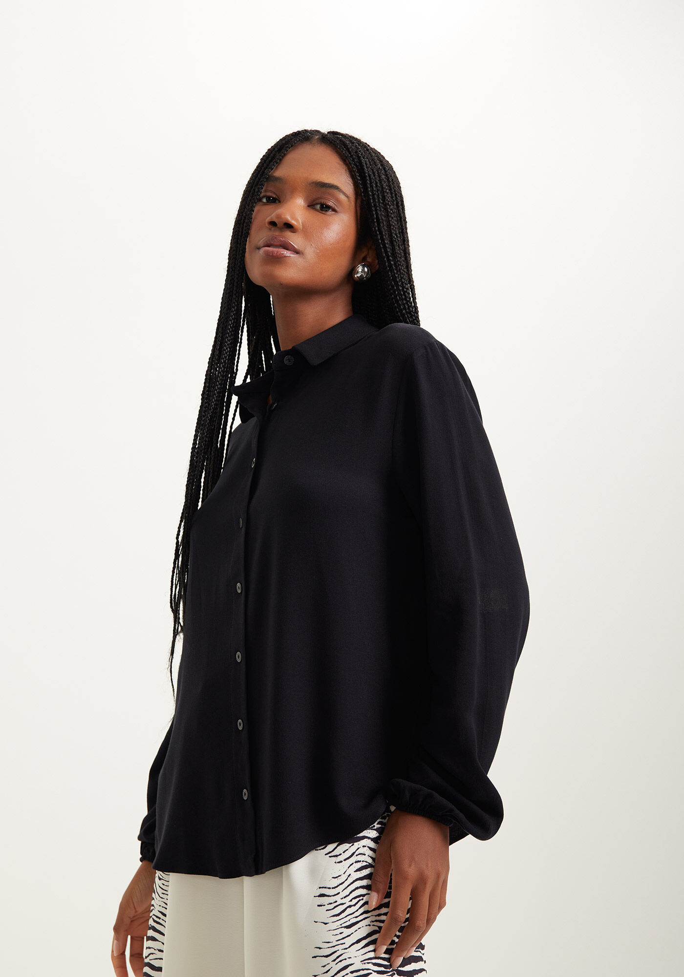 Camisa De Mangas Longas Com Punhos El&aacute;sticos Em Crepe, , large.