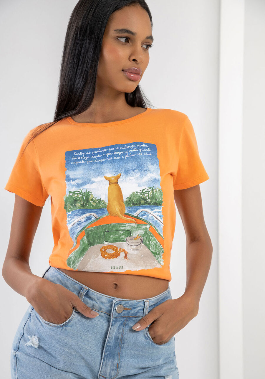 T-shirt em Malha Estampada, LARANJA STRING. T-shirt em Malha Estampada, LARANJA STRING, large.