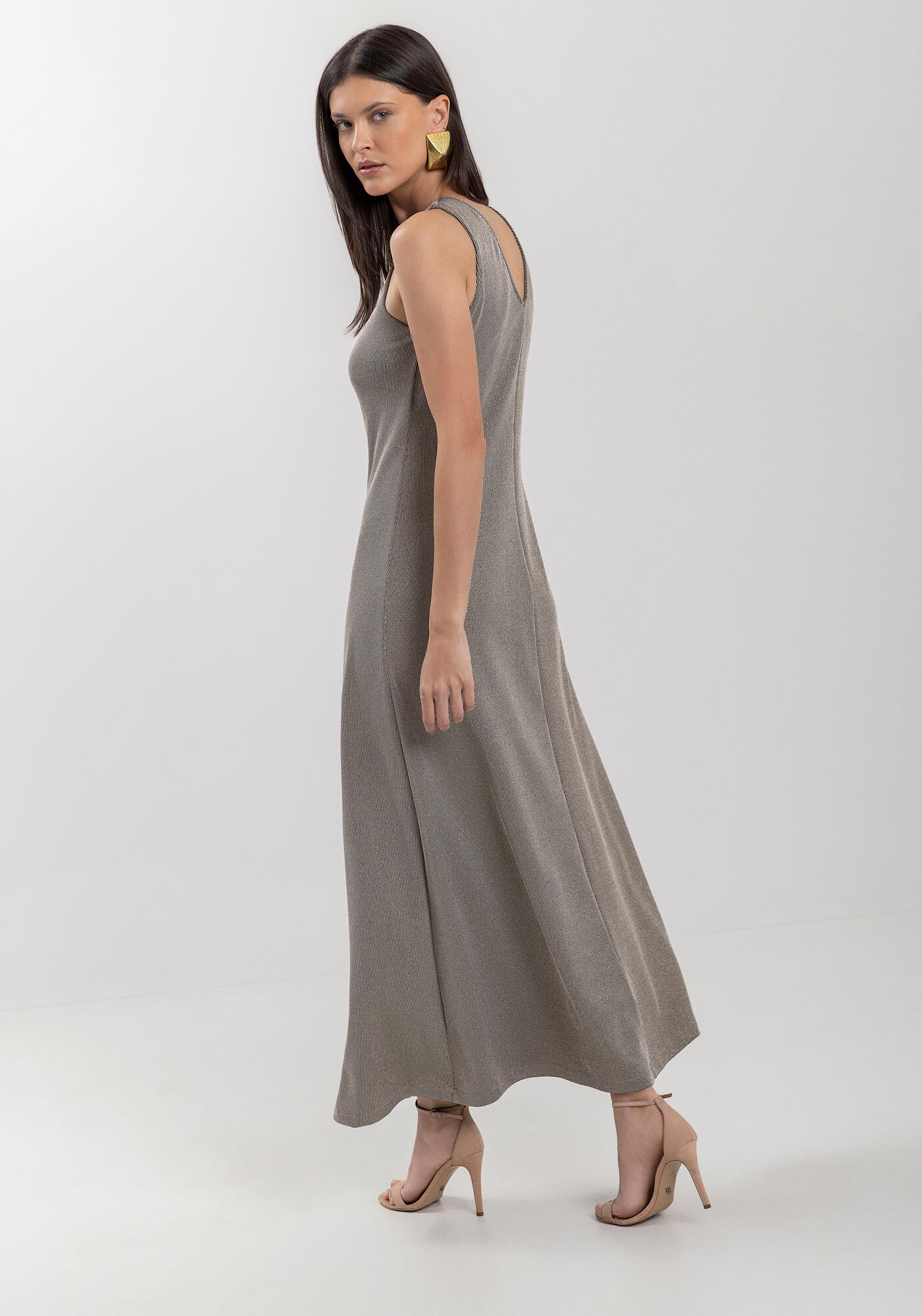 Vestido Midi Ch&aacute; Em Malha Canelada Com Fios De Lurex, , large.