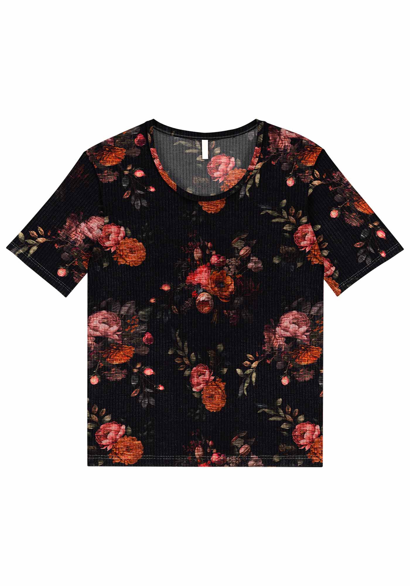 Blusa Estampada Canelada com Manga Curta, , large.